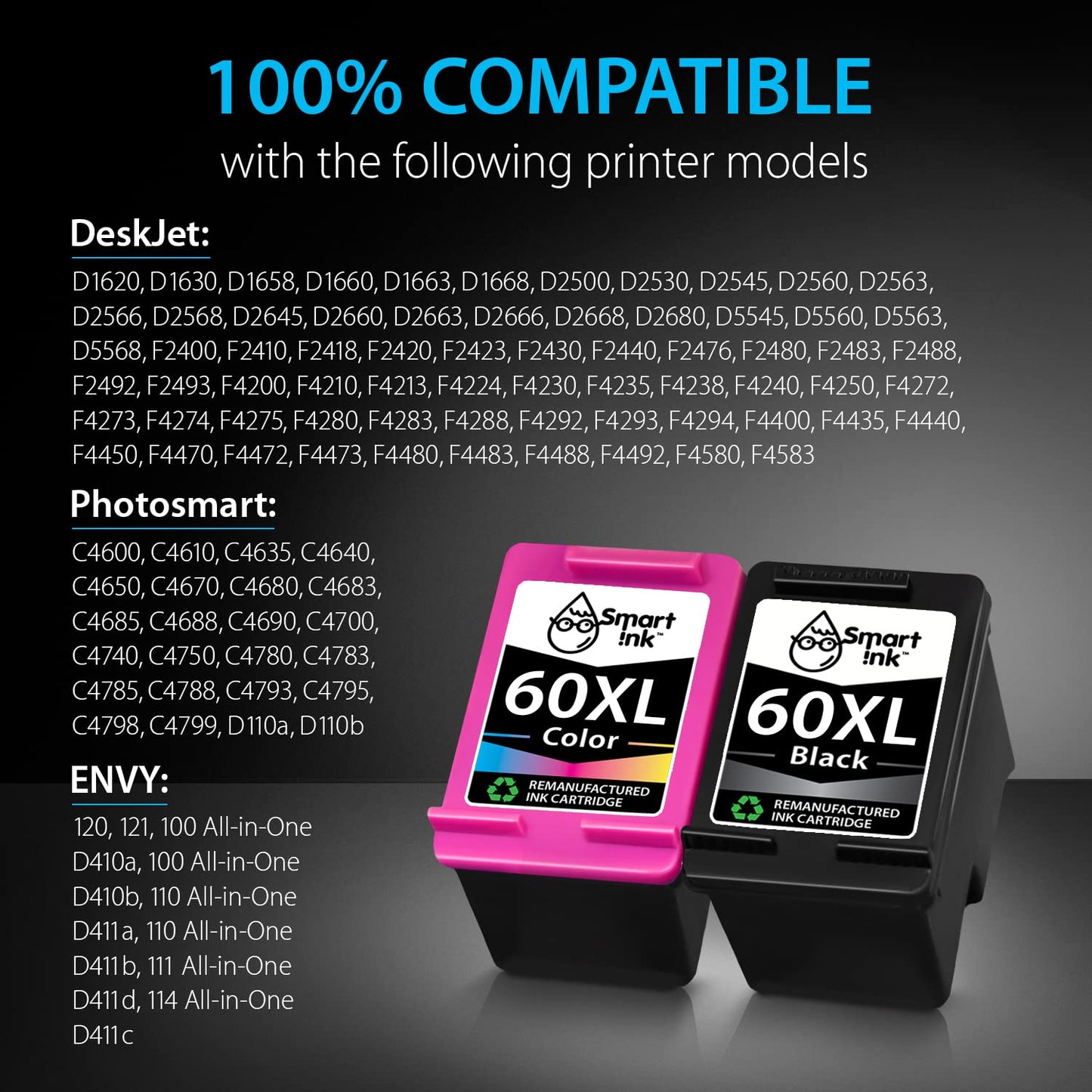 Smart Ink Remanufactured Ink Cartridge Replacement for HP 60XL 60 XL (BK & Color 2 Combo Pack) to use with Deskjet D2530 D2545 F2430 F4440 Envy 100 110 120 Photosmart C4640 C4650 C4680 C4780 C4795