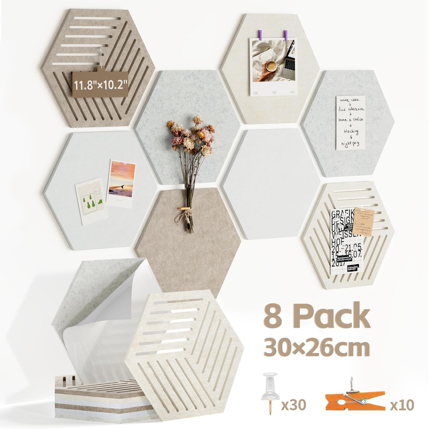 Hexagon Large Felt Bulletin Board Tiles - Cork Board Alternative for Wall 8 Pack Pin Board with 40 Push Pins, DIY Decor for Office Home Classroom Photos Memos