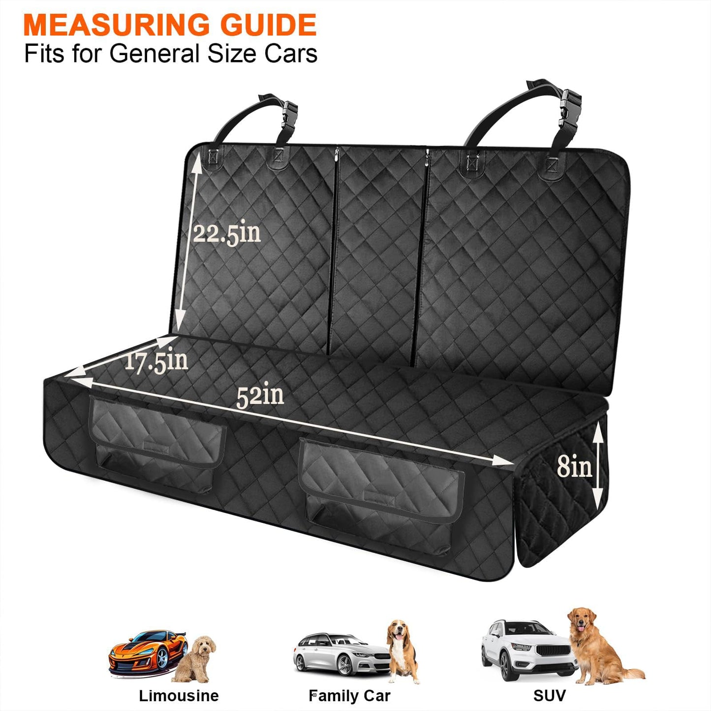 Waterproof Pet Seat Cover Car Seat Cover Protector for Dogs, Heavy Duty Scratch Proof Nonslip Durable Soft Pet Back Seat Covers for Cars Trucks and SUVs with 2 Belts (All Black, M)