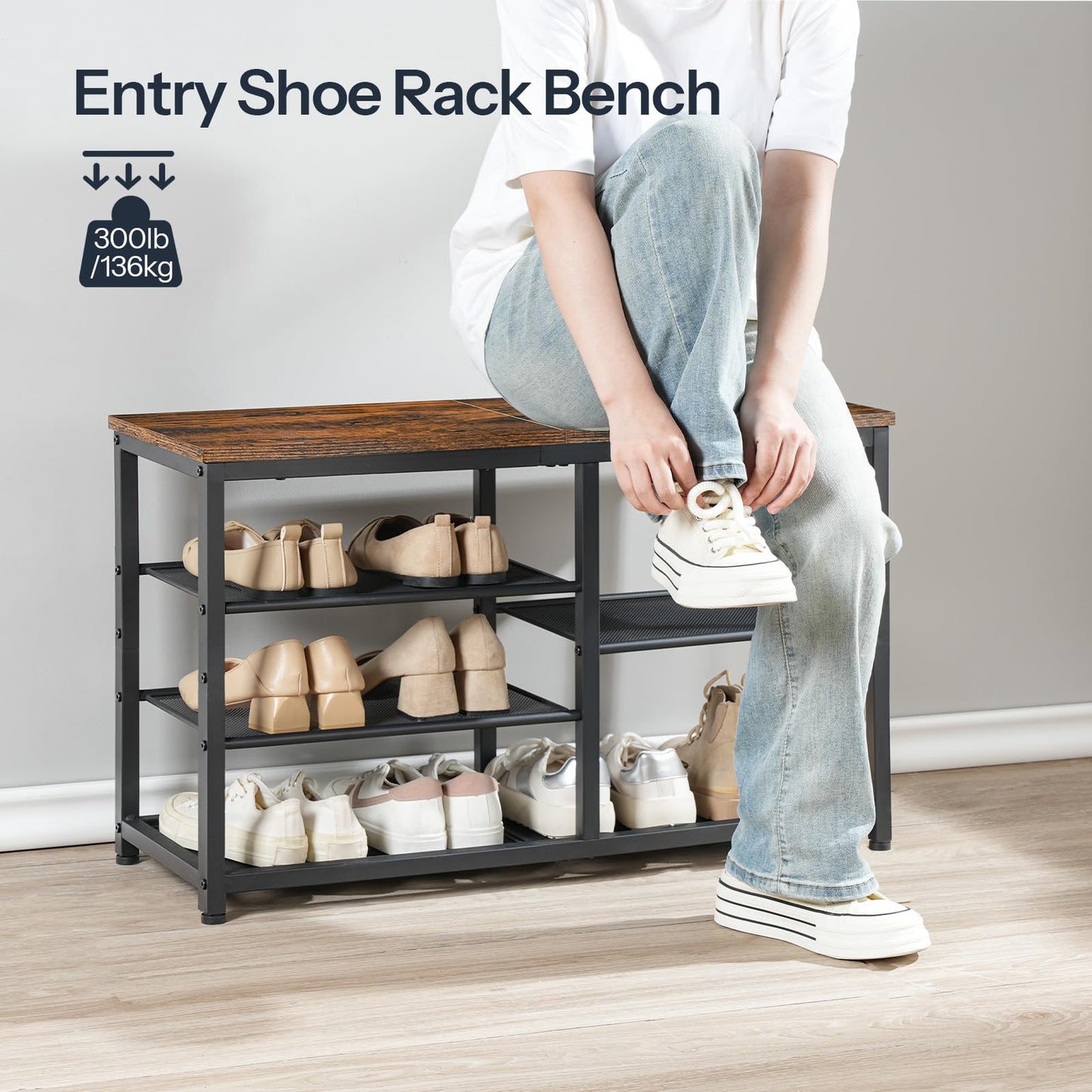 HOOBRO Shoe Bench, 5-Tier Shoe Rack Bench, Entryway Bench with Shoe Storage, Shoe Storage Organizer, 31.5" L Shoe Storage Bench for Entryway, Hallway, Space Saving, Rustic Brown and Black BF36HX01