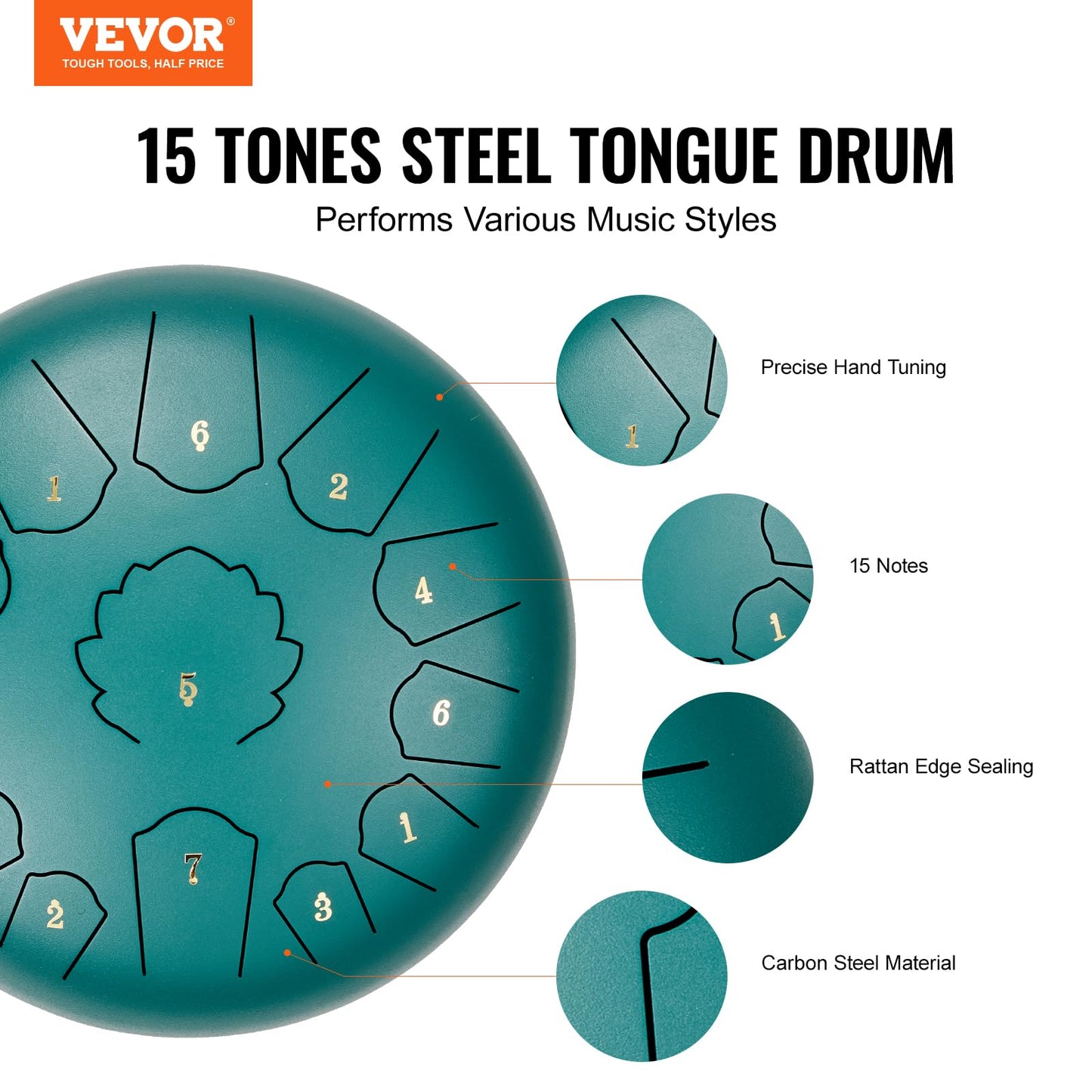 VEVOR Steel Tongue Drum, Steel Drum for Outside Garden, C Major Key, Tank Drum with 2 Mallets & Carry Bag, Hand Pan Drum Percussion Instrument for Musical Education Yoga (Green, 12 in & 13 Notes)
