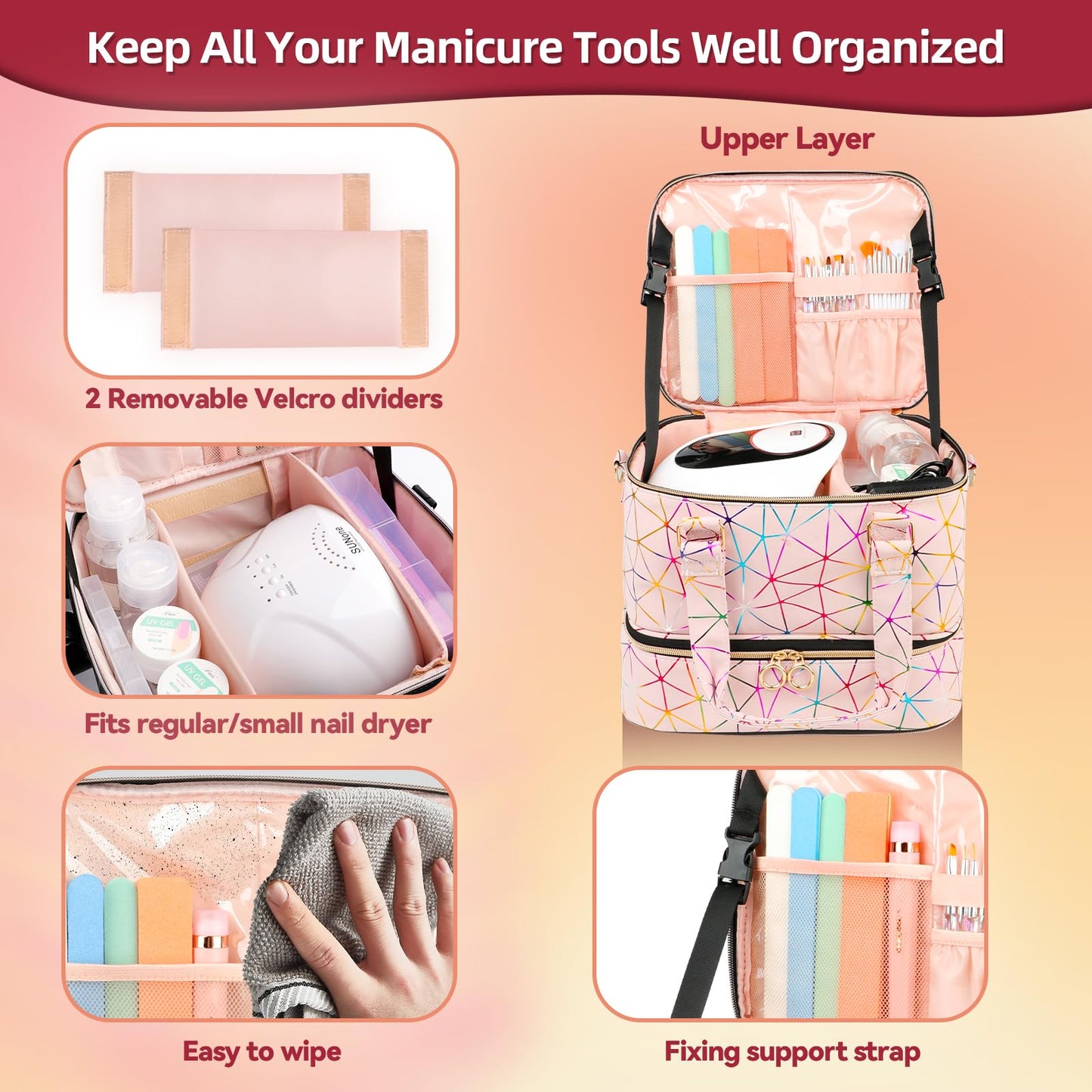 SIYNPAV Nail Polish Organizer, Pink, XL Large-84 Bottles, Three Layer Detachable Nail Polish Bag Organizer Carrying Case With Shoulder& Holder Strap