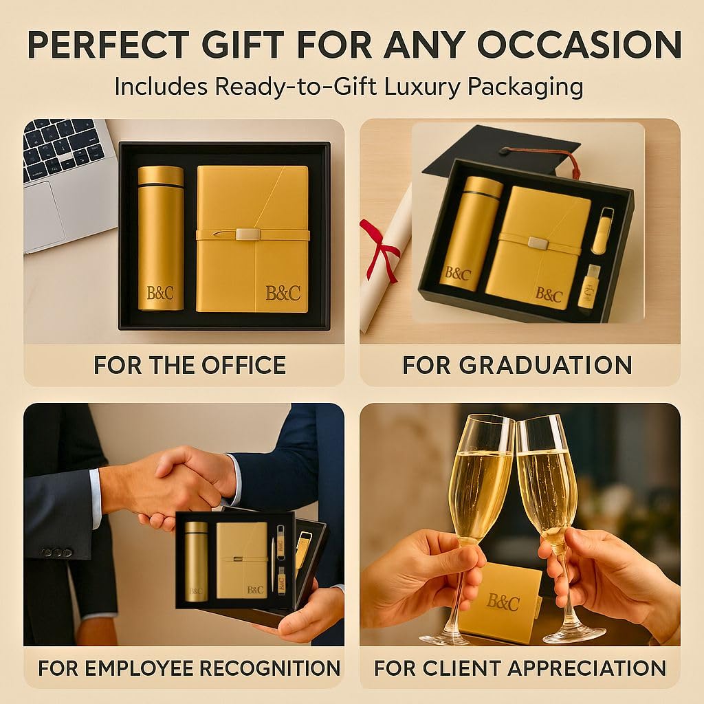 Brindle & Craft 6-Piece Executive Office Gift Set – Gold Desk Accessories with Refillable A5 Vegan Leather Notebook, Insulated Stainless Steel Tumbler, Metal Pen, 16GB USB, Card Holder & Keychain – Professional Corporate Box