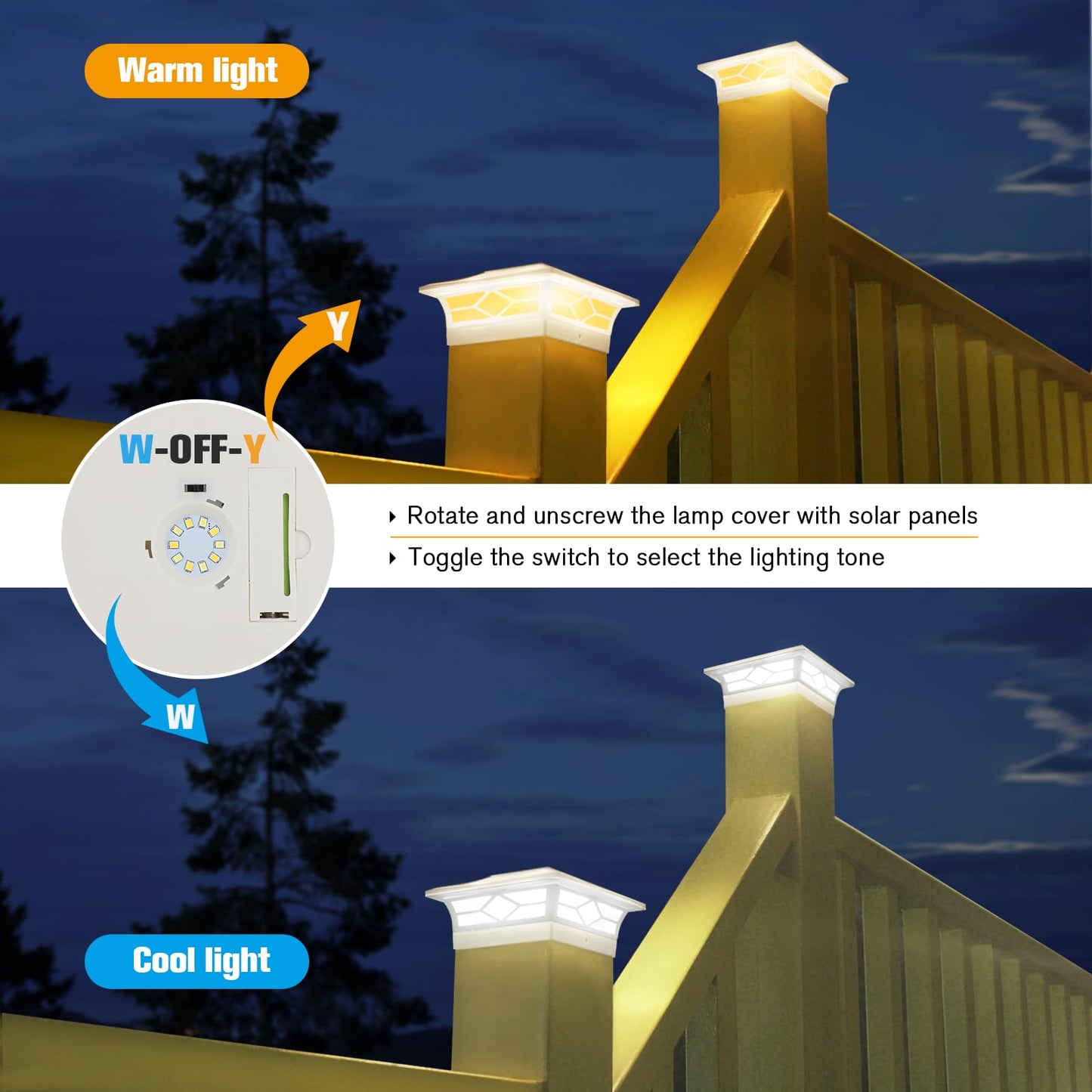 JOFIOS Solar Post Cap Lights - White Solar Fence Deck Post Lights for 4x4 Vinyl/Wooden Posts, Outdoor Warm White/Cool White Lighting, Waterproof Decorate Garden Pathway