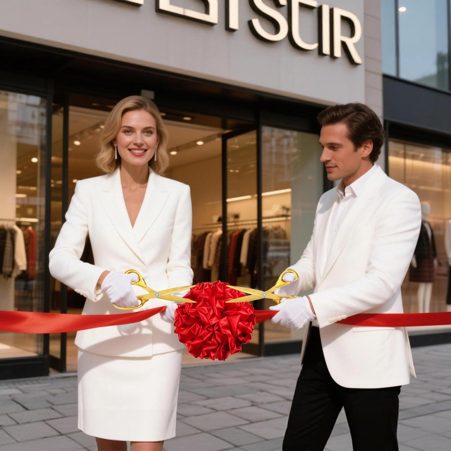 Ribbon Cutting Ceremony Kit with Large Gold Scissors, 157" Red Ribbon, 12" Decorative Bow, and White Gloves for Grand Openings and Business Events (10.2")