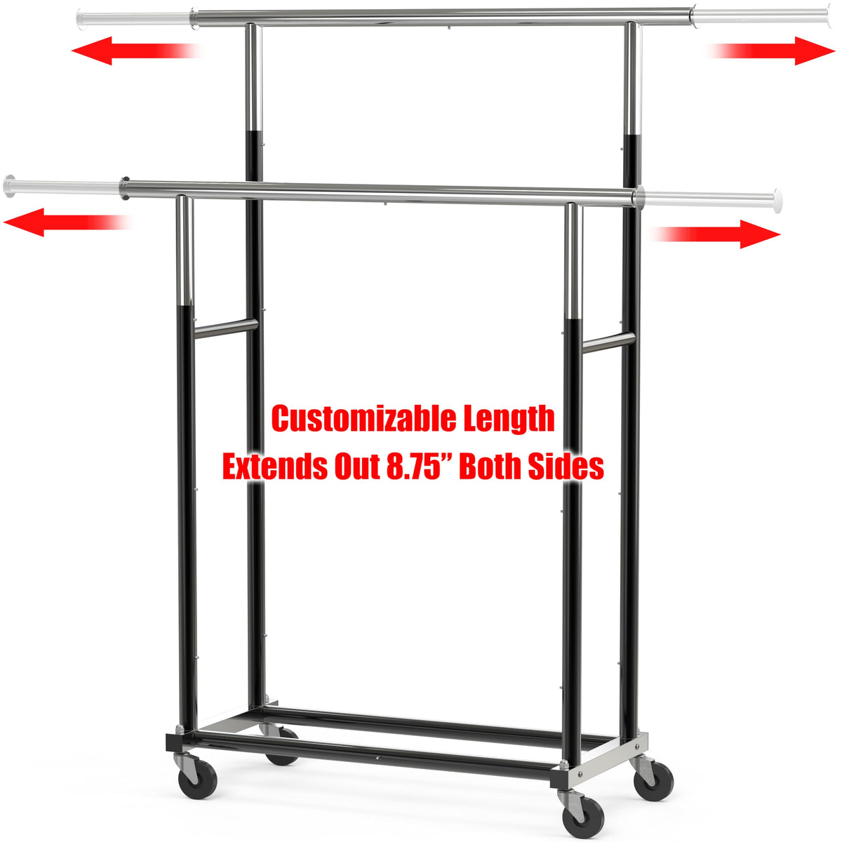 Simple Houseware Standard Double Rods Clothes Hanging Rack on Wheels - Expandable Metal Garment Rack, Black