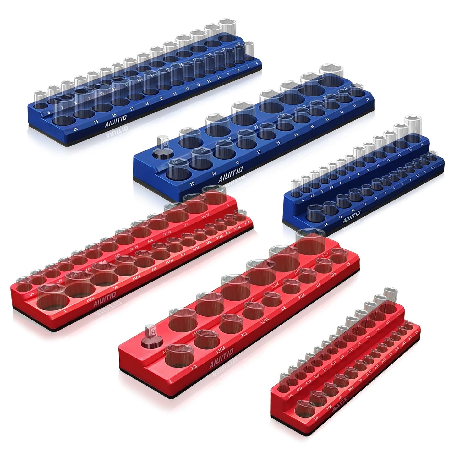 6-Piece Magnetic Socket Organizer Set, Magnetic Socket Holder Includes 1/4", 3/8", 1/2" Drive Metric SAE Socket Trays, Holds 143 Pieces Standard and Deep Sockets(Socket not Included)