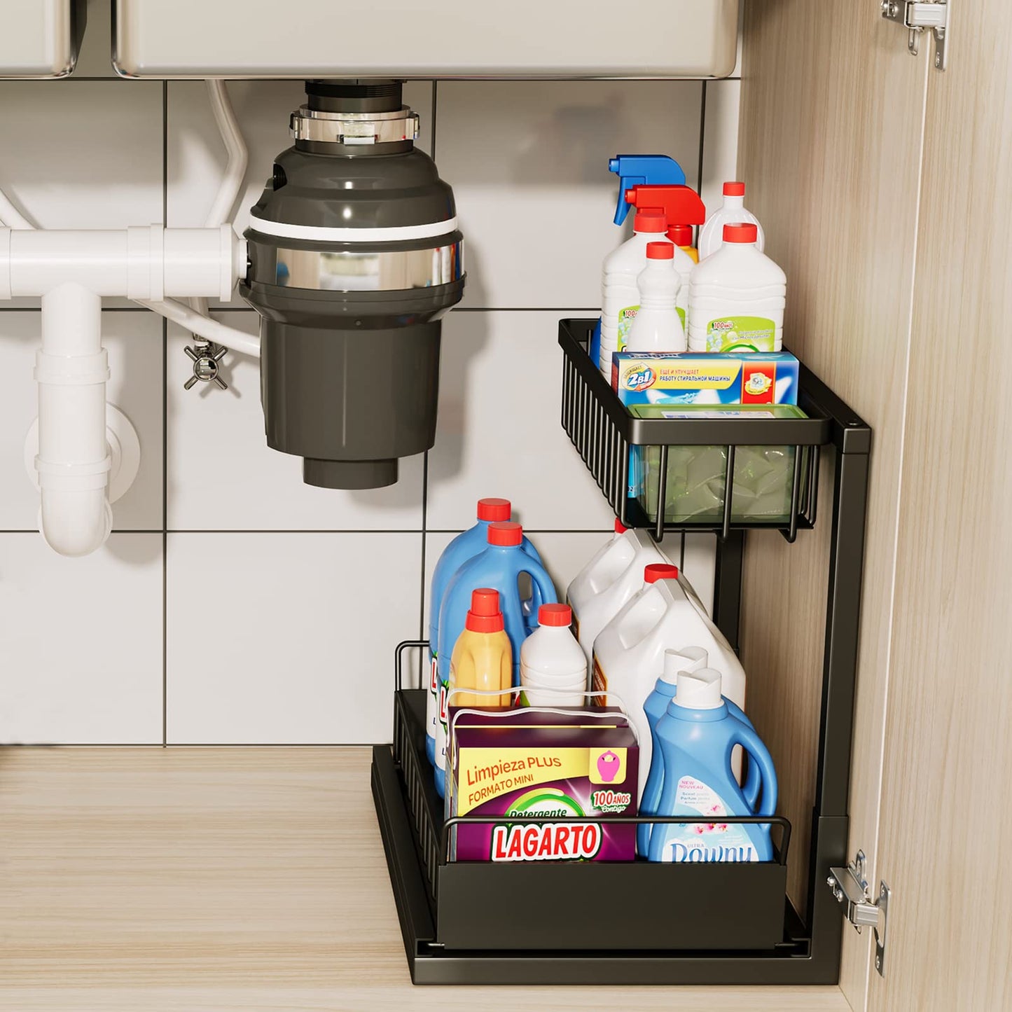ADRIMER Under Sink Organizer, Pull Out Kitchen Sink Organizer, 2 Tier Slide Out Kitchen Organizers and Storage Metal Under Cabinet Storage Shelf, Black