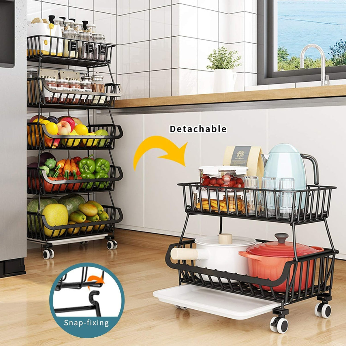 CarolynDesign Black Iron Wire Storage Bins with Wheels and Feet, Stackable Vegetable Storage Baskets (6-Tier)