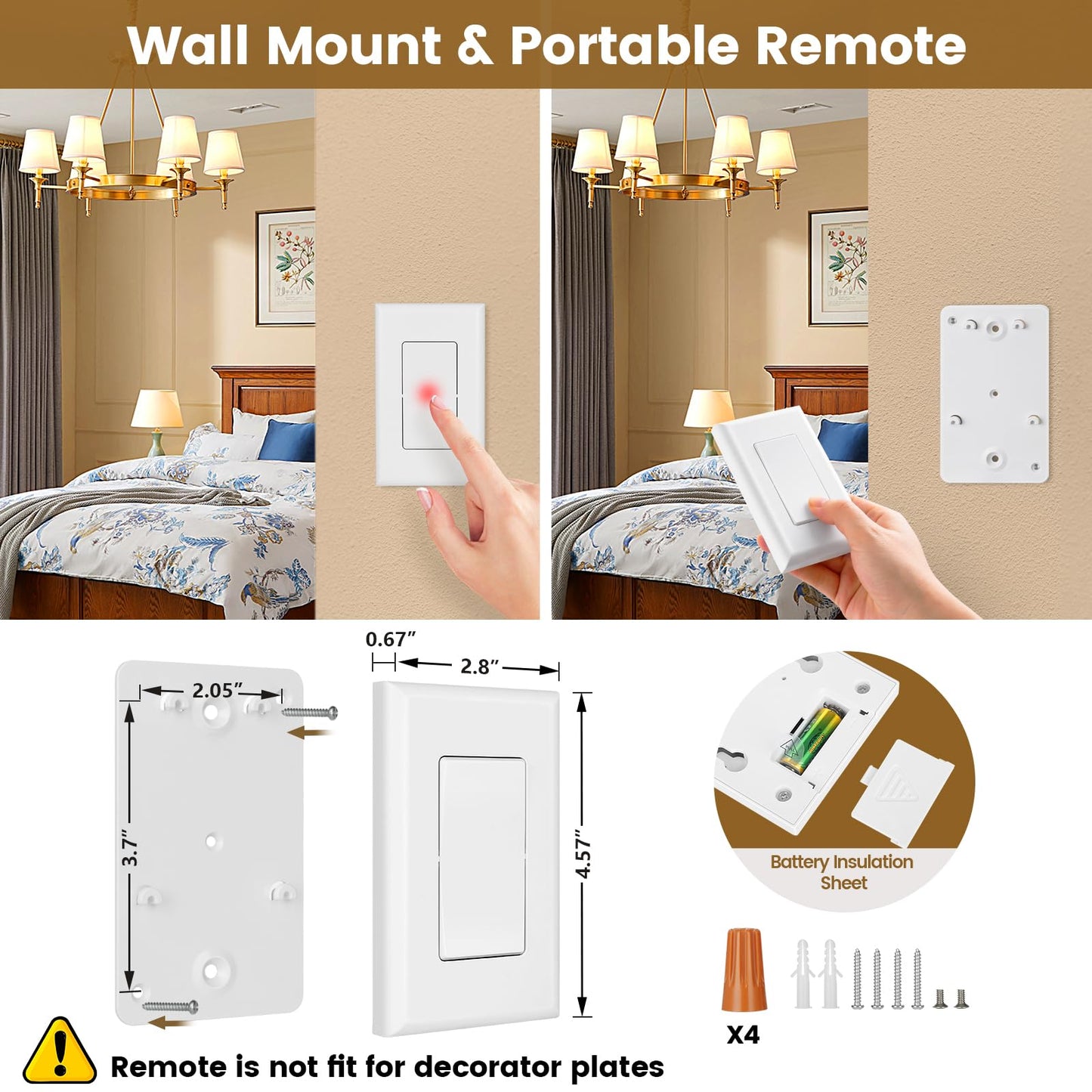 Suraielec 3 Way Wireless Light Switch, Neutral Wire Required, Grounding, 15A High Power, 100ft Range, No Wiring No WiFi, Expandable Remote Control Light Switches for Lamp, Ceiling Light, Fan
