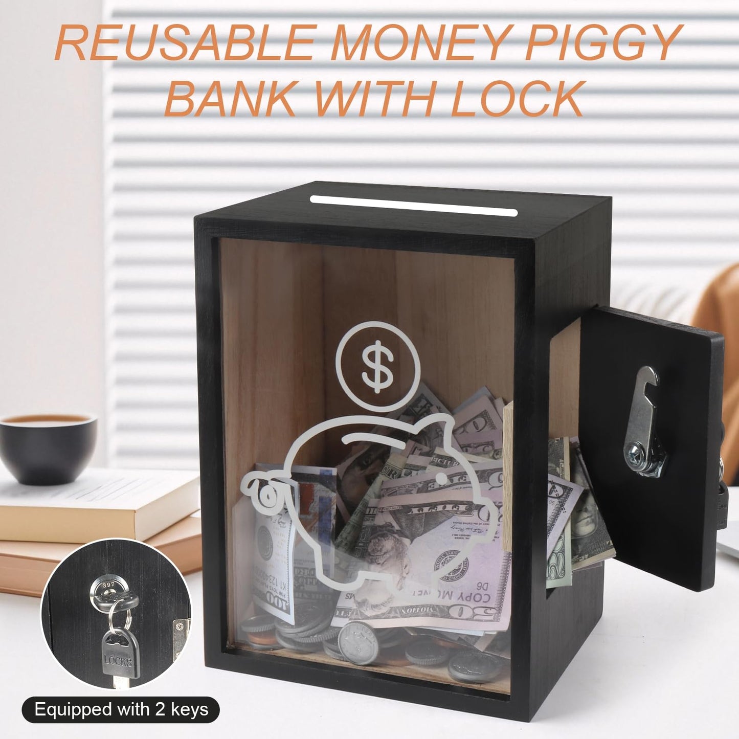 Mczxon Clear Piggy Bank with Lock, Large Money Saving Jar Money Bank Box Container for Cash Saving, Openable Clear Money Coin Change Bank Jar Container Penny Piggy Jar Bank for Adults Kids, Black
