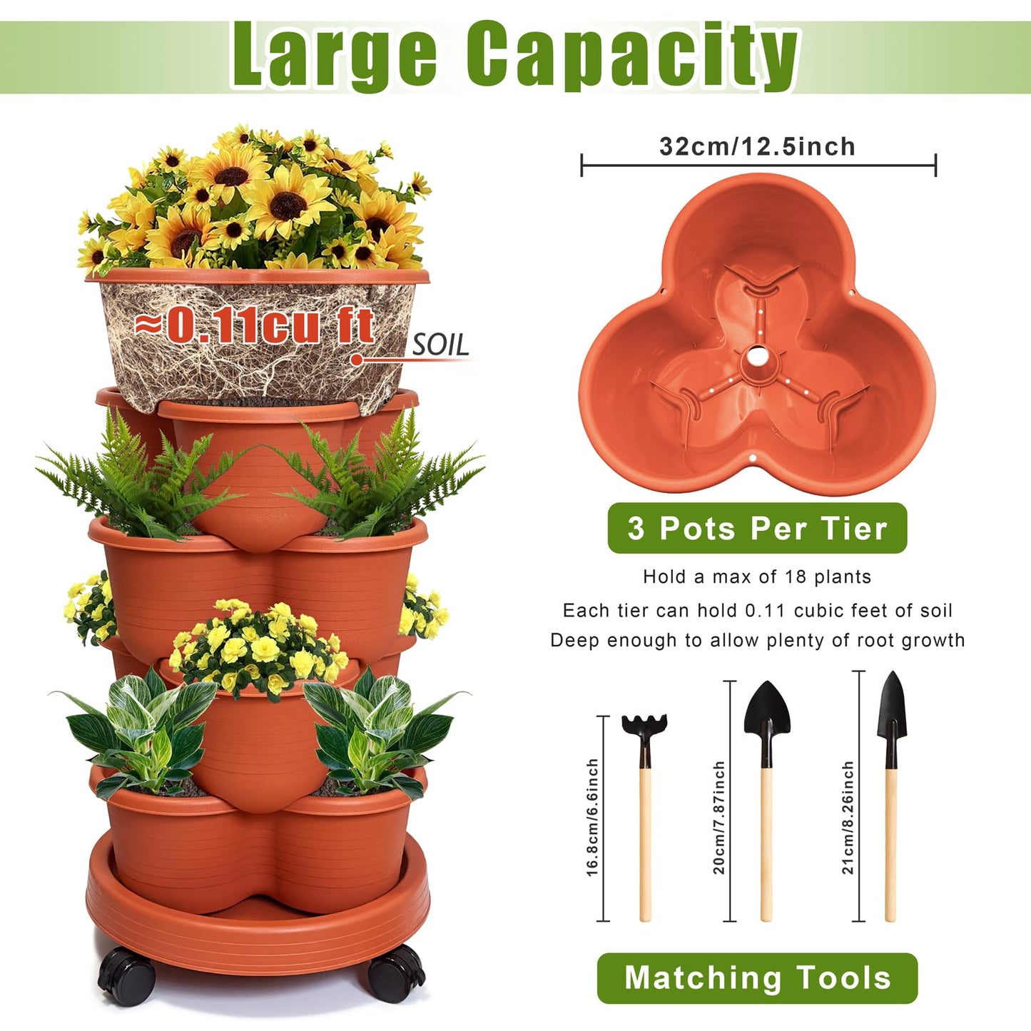 5 Tier Stackable Planter with Removable Wheels and Garden Tools, Garden Planting Tower Planters, Indoor Outdoor Gardening Pots, Vertical Garden Planter(Brick Red)