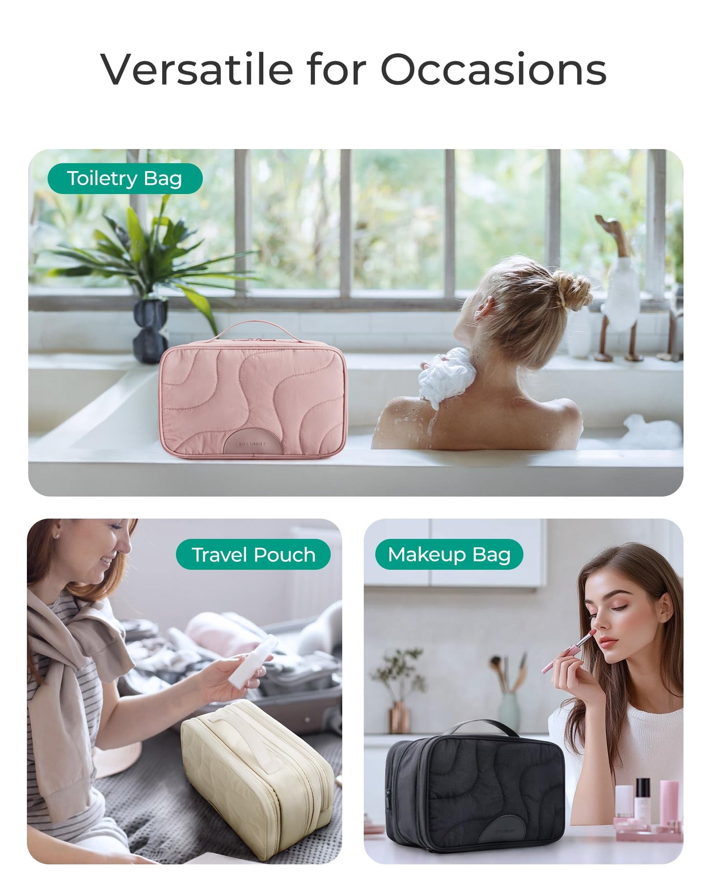 BAGSMART Toiletry Bag for Women, Wide-open Makeup Bag Organizer for Travel Essentials Travel-size, Water-resistant Large Capacity Cosmetic Bag for Accessories, Shampoo, Toiletries with Handle, Pink