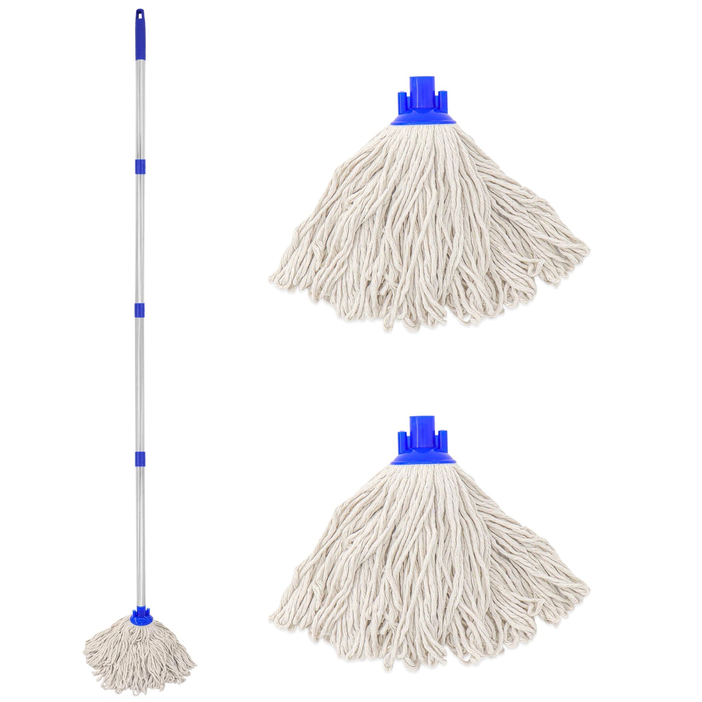 Cotton Cloth Mop, 4 Section Stainless Steel Pole + Two Cotton String Mop Heads White