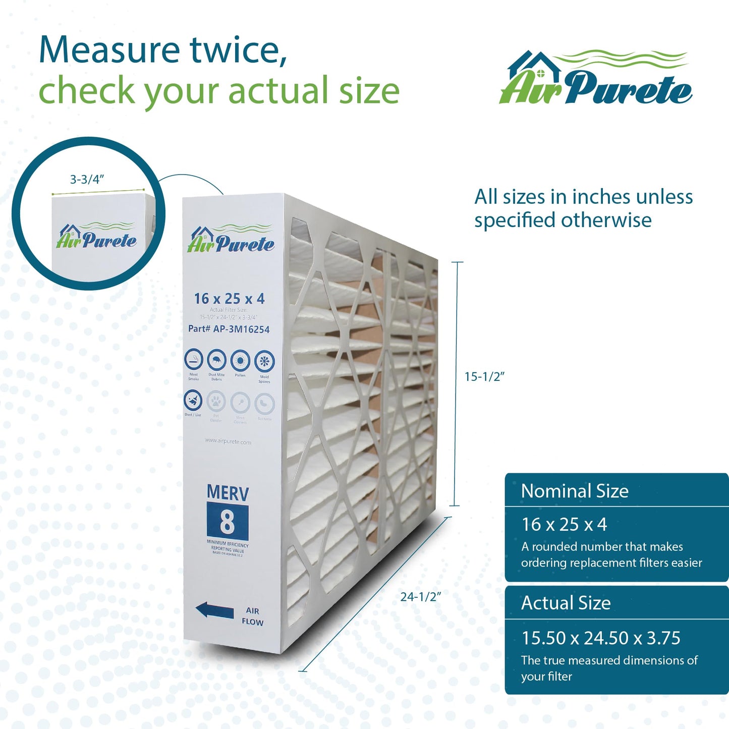 16x25x4 (3-3/4") Furnace Filter | AirPurete AP-3M16254 | Actual Size: 15-1/2" x 24-1/2" x 3-3/4" | MERV 8 | Pack of 4