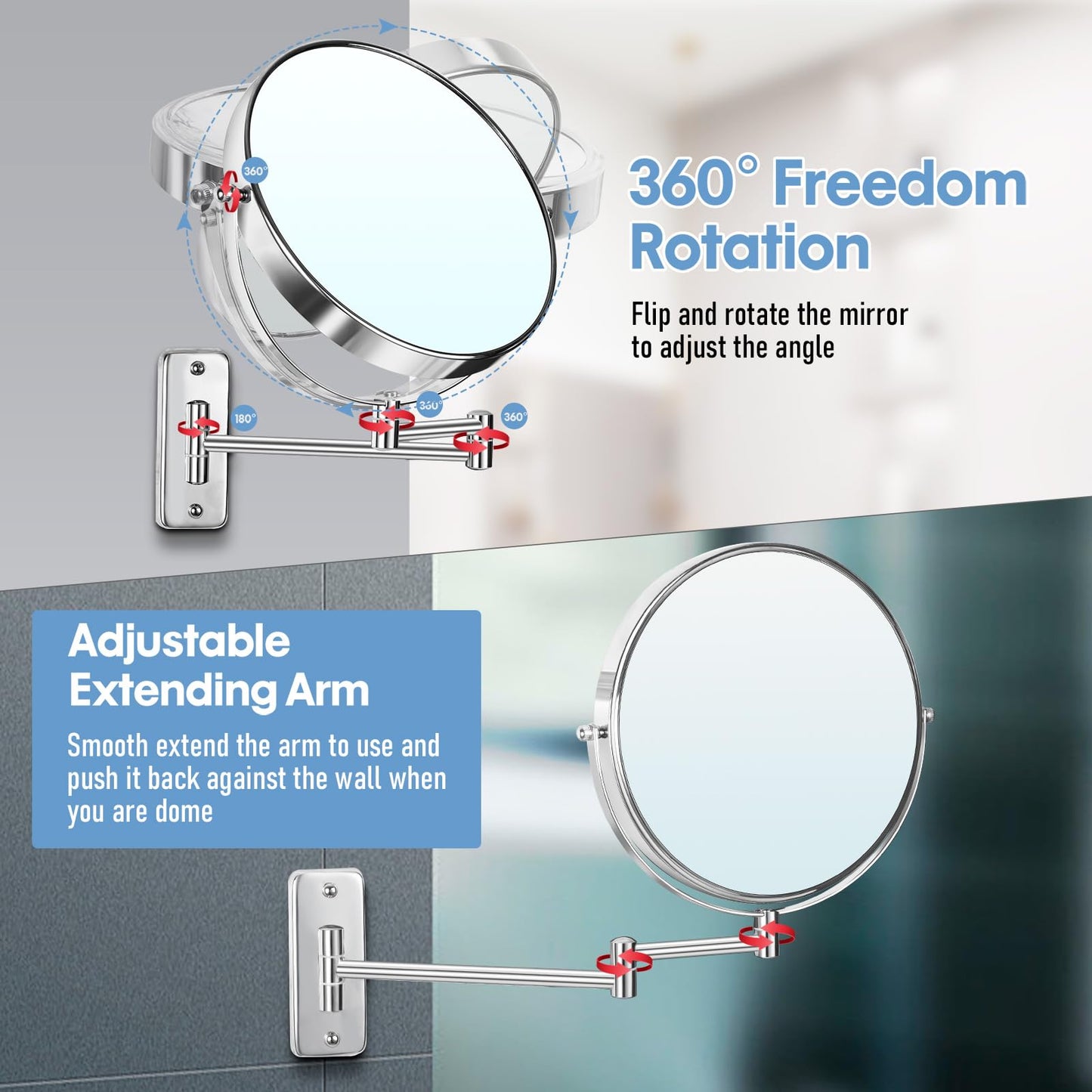 Large Size 9-in Wall Mounted Magnifying Makeup Mirror 1X/10X Magnification,Extendable Bathroom Mirrors Wall Mount Vanity Mirror for Shaving,12-in Folding Arm,Flexible Adjustable,Space-Saving,No Light