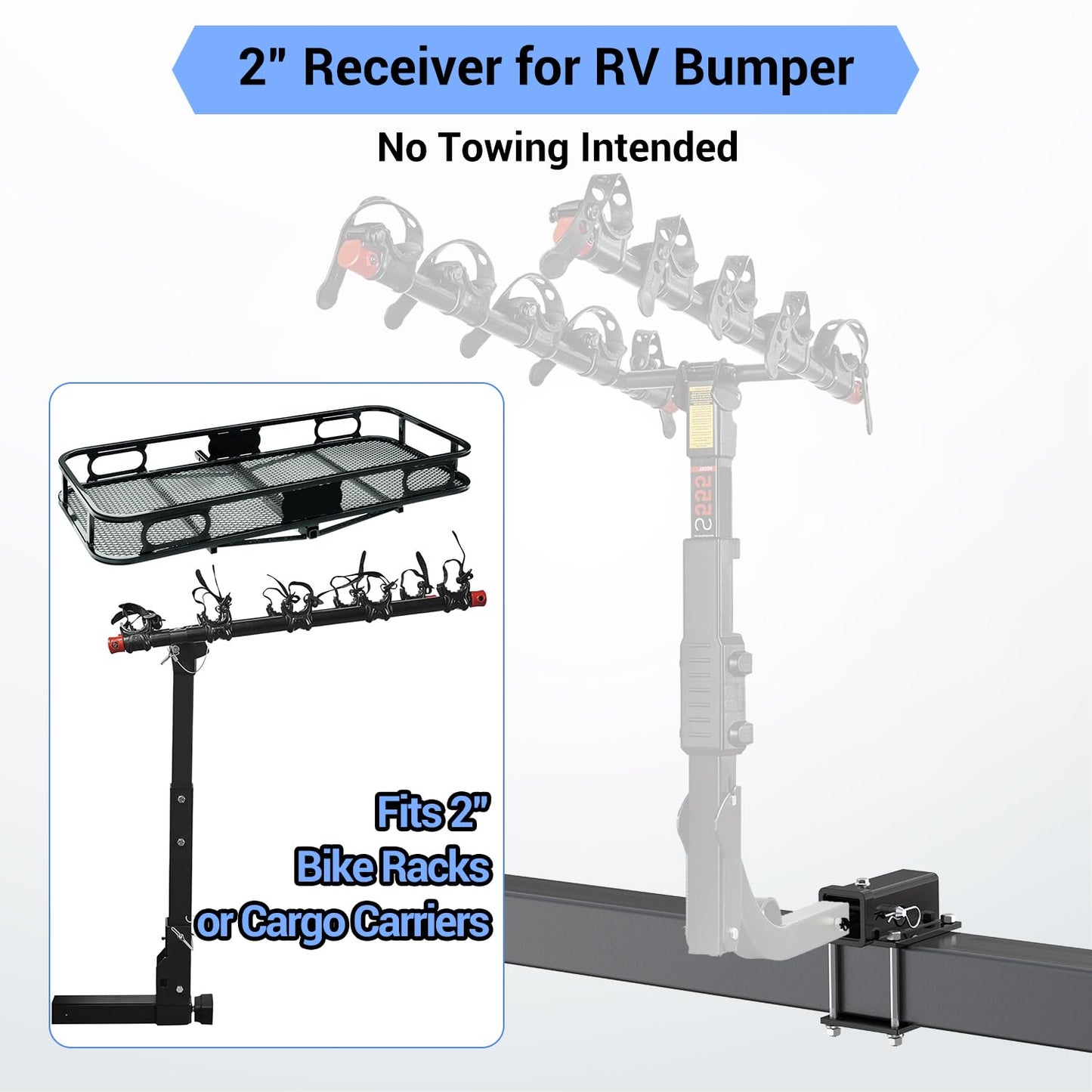 Ohuhu RV Bumper Hitch Receiver Adapter, Bolt-on 2" Receiver for 4" to 4.5" Beam with Hitch Bin and Cover, 200Lbs Tongue Weight Capacity, Fits Trailer, Bike Rack, Cargo Carrier and Other Accessories