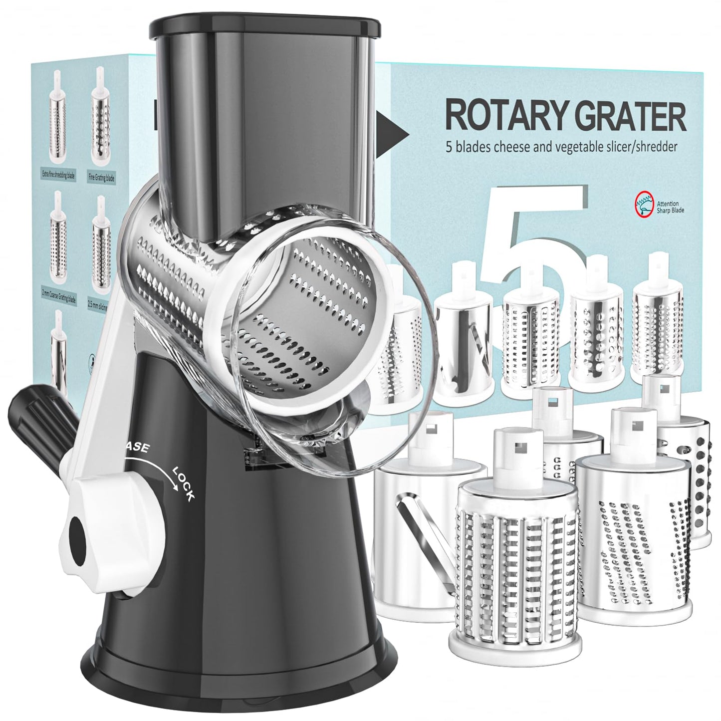 Cambom Rotary Cheese Grater Hand Crank Cheese Shredder for Fresh Cheese, Vegetable, Nuts,Non-Slip Suction Base, Five Blades, Black