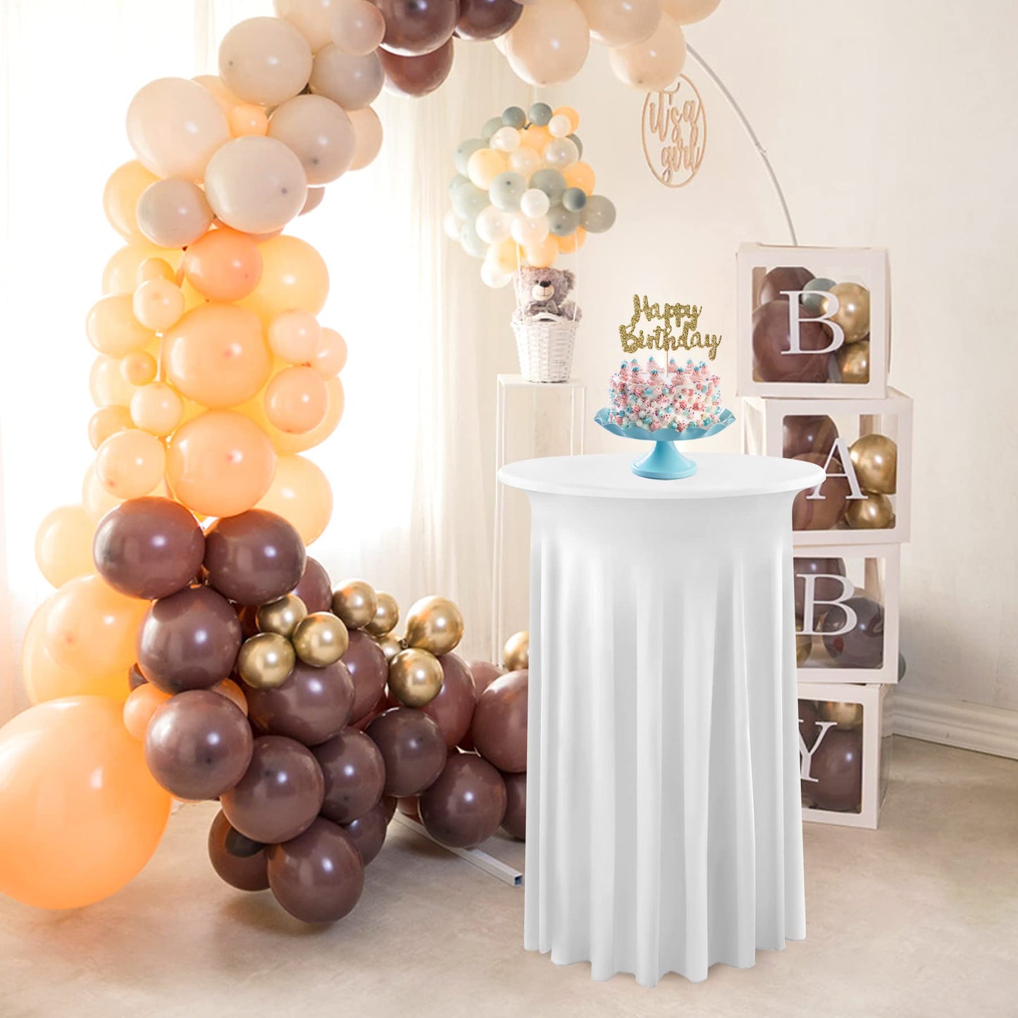 6 Pack 32×43 Inch White Spandex Coctail Table Cloth,Wrinkle Free Stretch Cocktail Table Covers with Wavy Skirt, High Top Highboy Bar Round Cocktail Tablecloths for Party Birthday Wedding Banquet