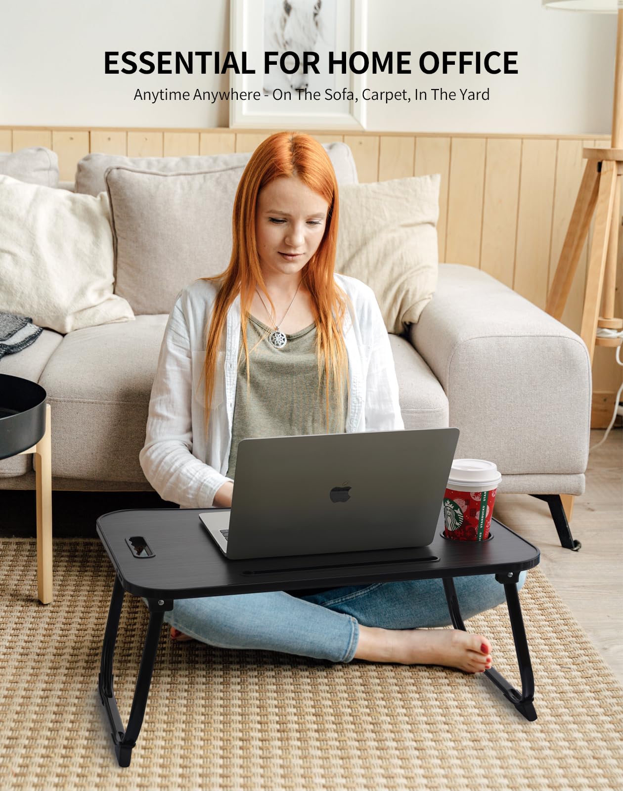 ZEAPTAC Laptop Bed Desk, Foldable Lap Desk, Portable Lap Table, Laptop Stand with Cup Holder, Tablet Slot & Lifting Handle for Work, Write, Draw & Eat on Bed, Sofa or Couch - Black Stripe