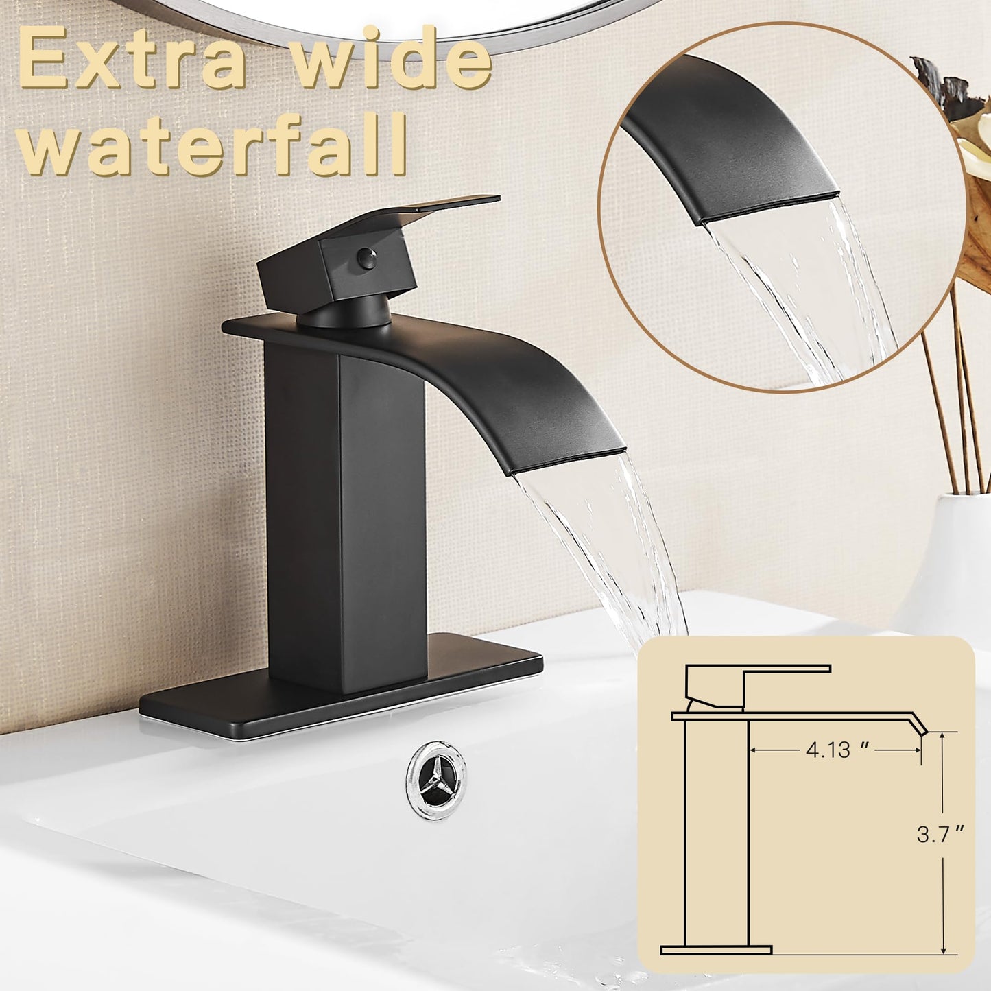 Fransiton Black Bathroom Faucet Bathroom taps 1 or 3 Hole Bathroom Sink Faucet Single Handle washroom Waterfall Faucet with Deck and Pop-up Drain