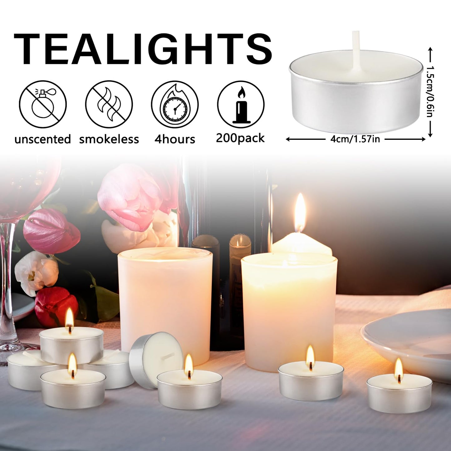 pliadvbu Unscented Tea Lights Candles,White, Smokeless, Dripless,200 in Bulk,4 Hour Long time Burning,for Weddings, Home, Pool,Shabbat, KCJK478