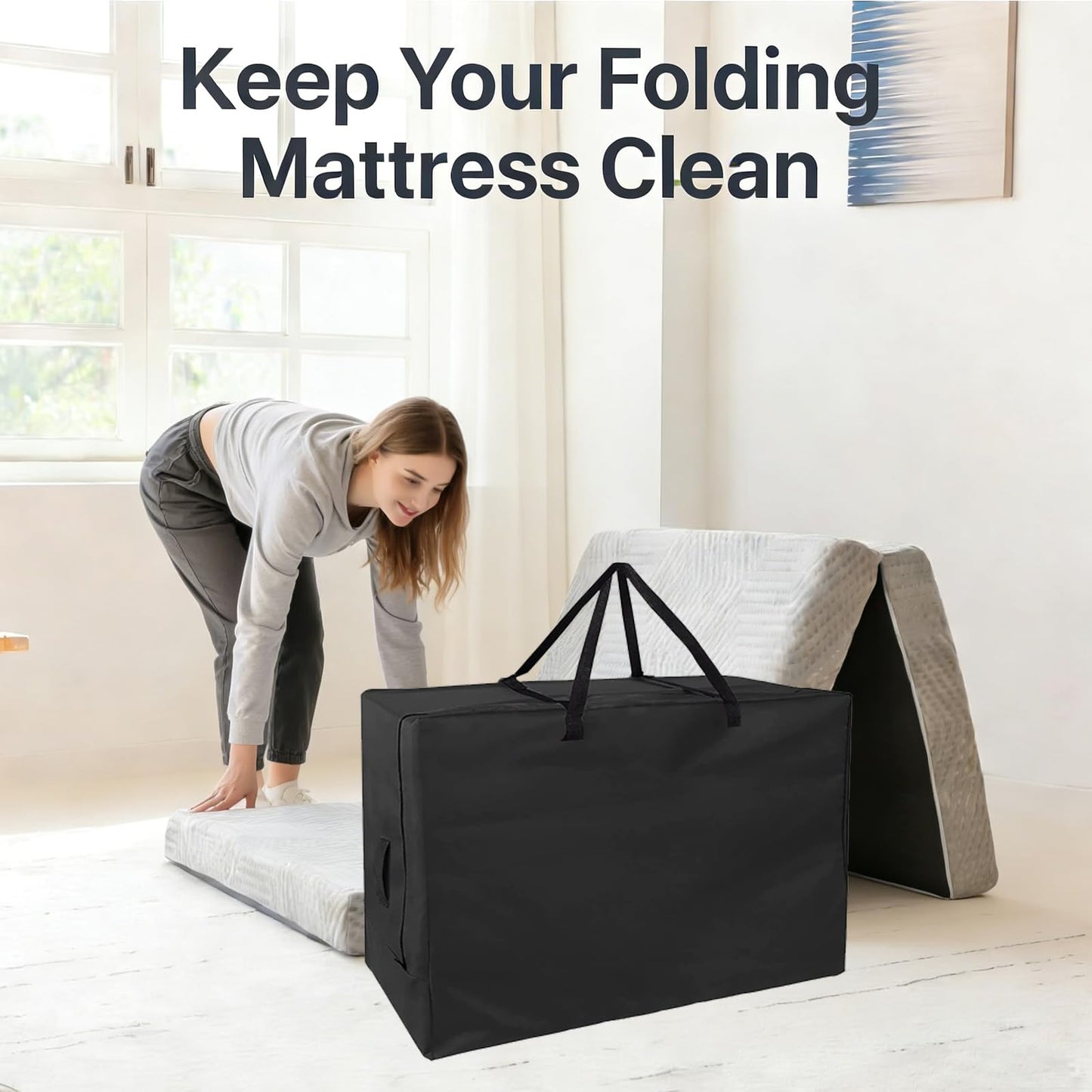 Joymo Folding Mattress Storage Bag for 6" Queen, Waterproof Foldable Mattress Cover for Memory Foam Guest Bed, Dustproof Heavy Duty Tri-Fold Floor Mattress Carrying Case (28"x61"x18")
