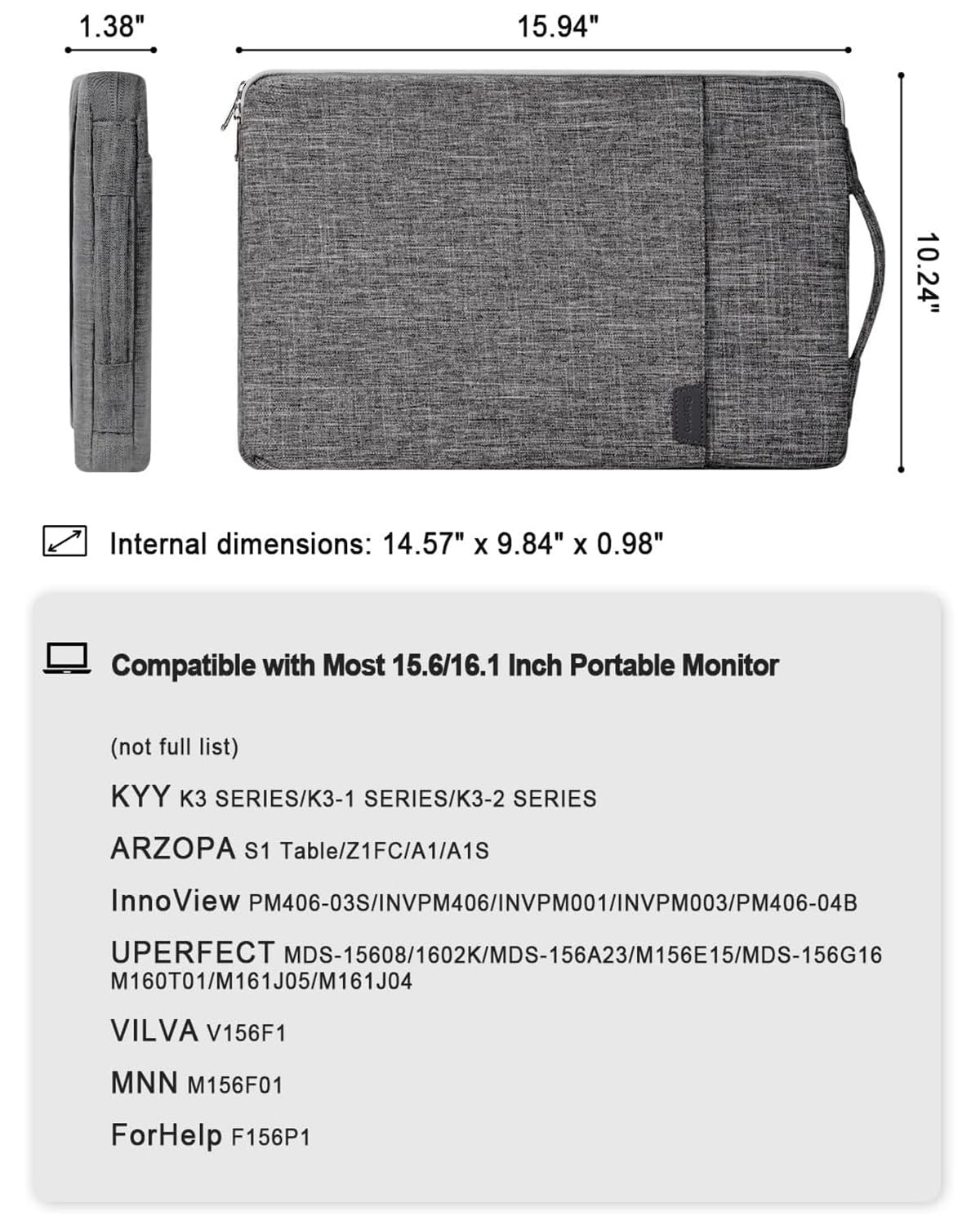 15.6/16.1-inch Portable Monitor Case with Acessories Storage, Sleeve for Most 15.6/16.1" Portable Monitors, Compatible with KYY ARZOPA VILVA MNN ForHelp KEFEYA, (Gray)