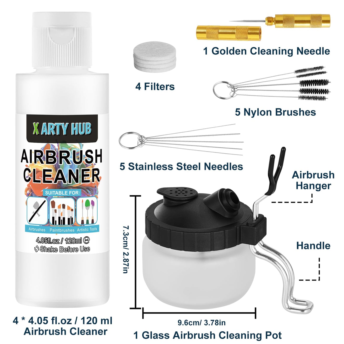 X ARTY HUB Airbrush Cleaning Kit - 4 * 120 ml Airbrush Cleaner with Glass Cleaning Pot, Easily Handle Water-Based and Acrylic Paints, for Airbrushes & Other Artistic Tools