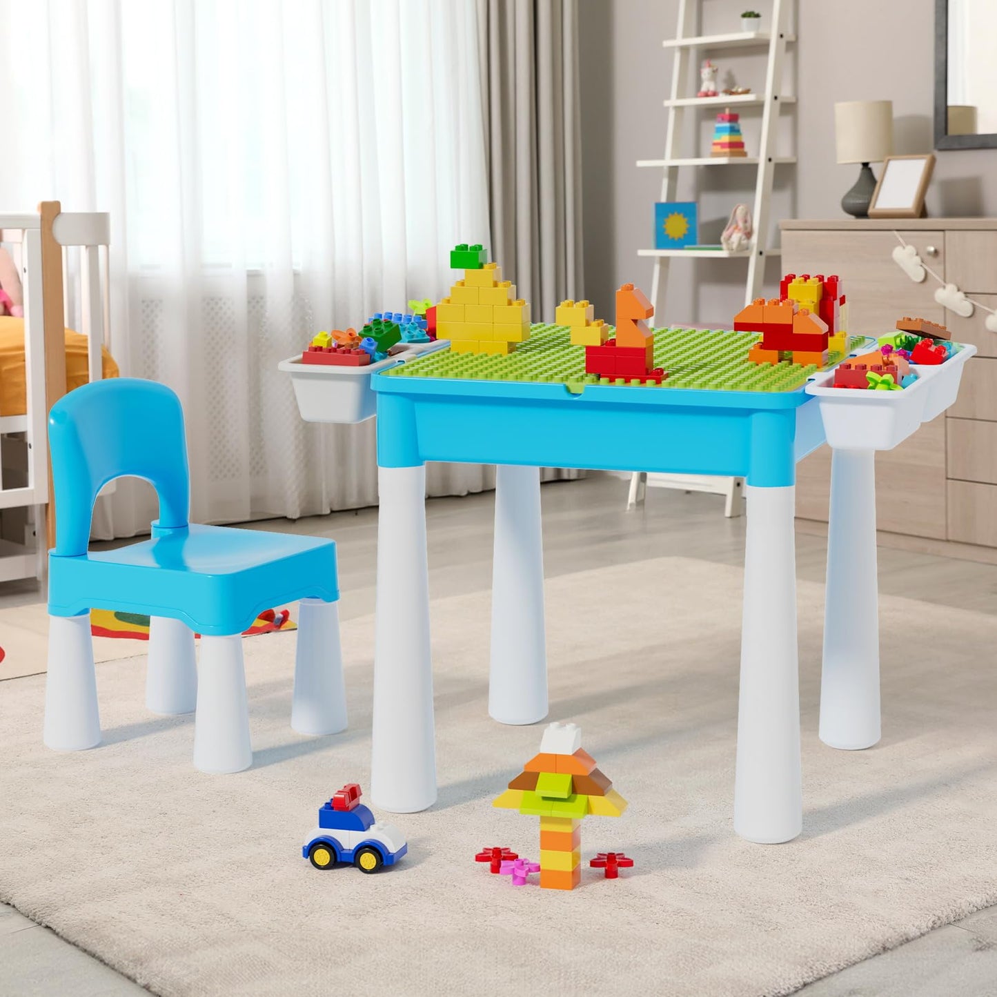 burgkidz 5-in-1 Multi Activity Play Table Set with Storage Includes 1 Chair and 128 Pieces Compatible Large Bricks Building Blocks for Kids Ages 2 and Up, Blue