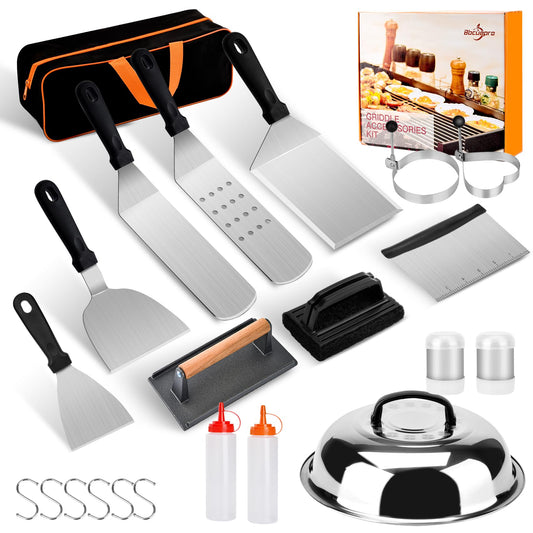 Bbcuepro 22 PCS Griddle Accessories Kit - Stainless Steel Flat Top Grill BBQ Spatula Set for Outdoor Barbecue Camping Cooking