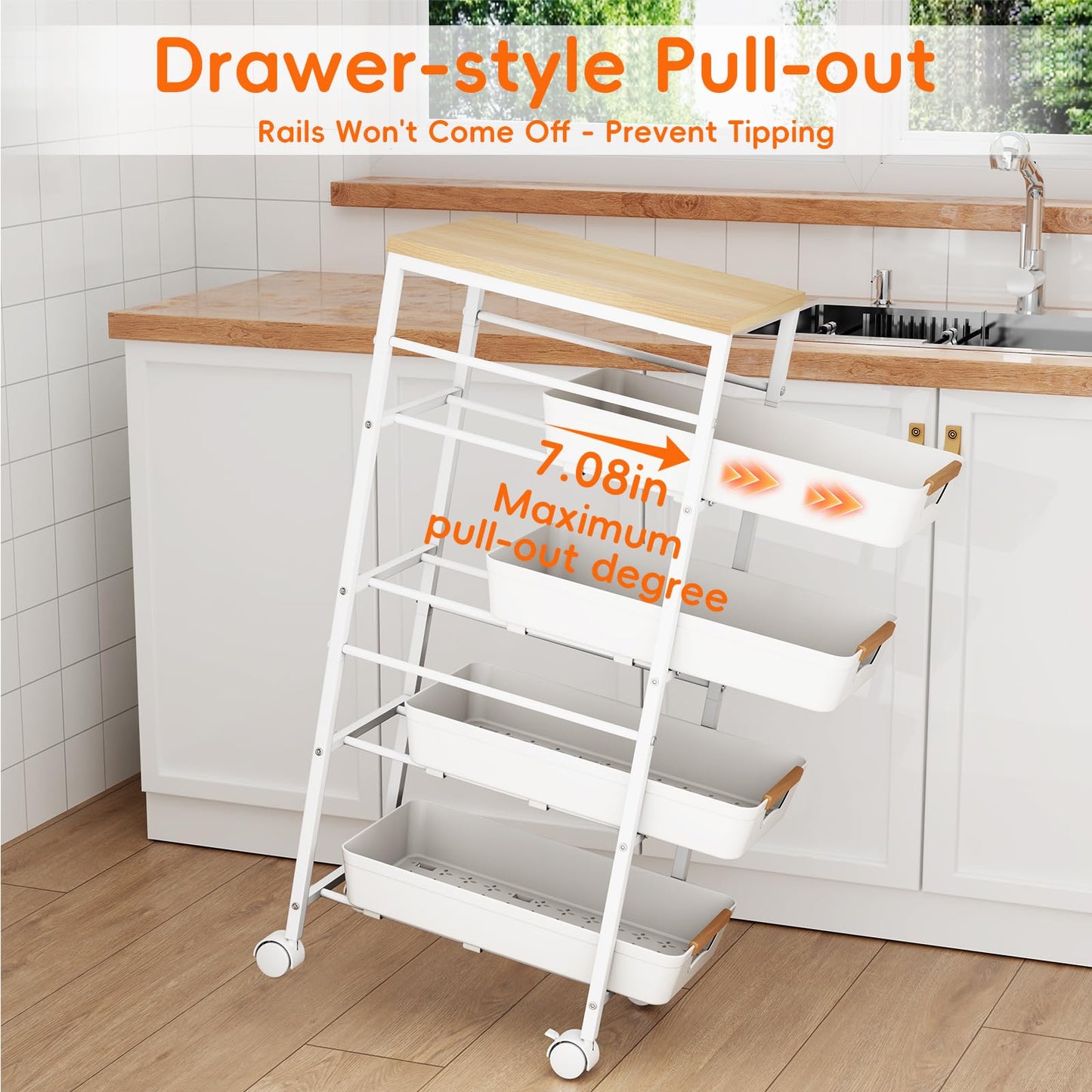 Landmok 5-Tier Slim Storage Cart, Wooden Top Rolling Kitchen Cart with Pull-Out Baskets & Wheels, Narrow Space Utility Cart Slide Out Organizer for Kitchen, Bathroom, Laundry Room, White