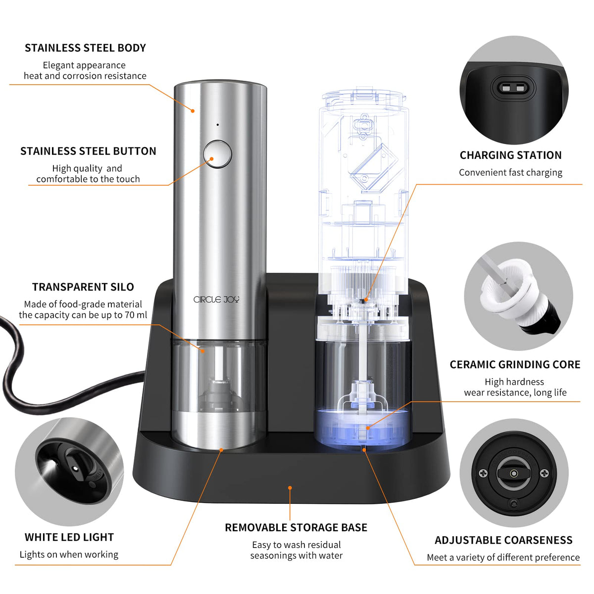 CIRCLE JOY Electric Salt and Pepper Grinder Set, Automatic Spice Grinder Pepper Mills with Portable Dual Charging Station, White Led Light and Adjustable Coarseness