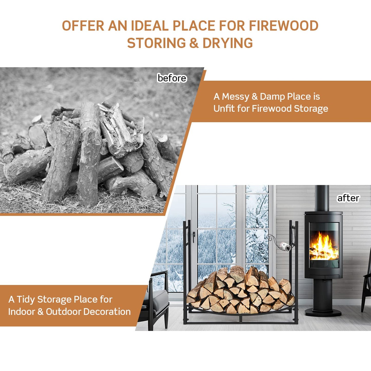 DORTALA 33'' Firewood Rack W/Removable Kindling Holder, Indoor Outdoor Steel Fireplace Wood Organizer, Easy Set-up Log Storage Stacker for Stove, Fire Pit