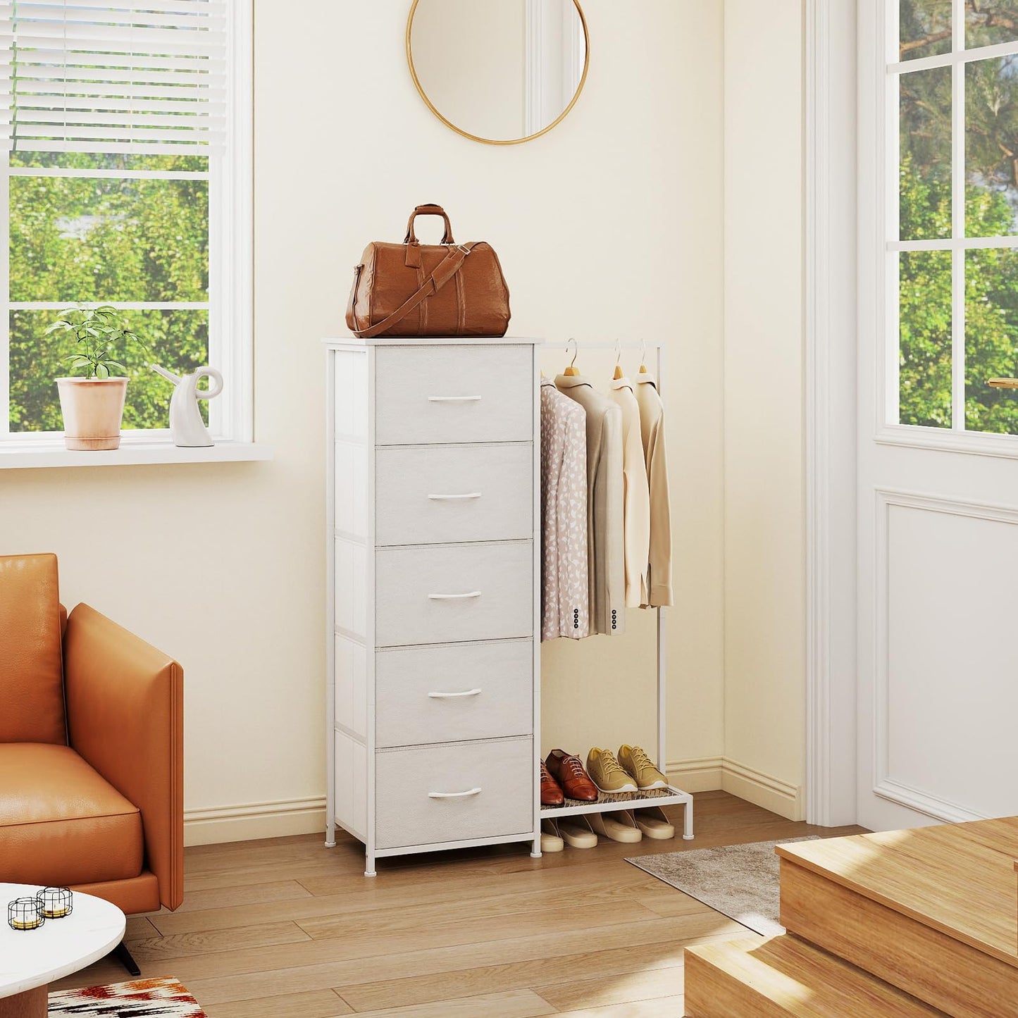 Somdot Dresser with Hang Rack,5 Drawers Small Dresser for Bedroom,Reversible Fabric Chest of Drawers with Clothes Rack,Tall Storage Tower for Closet,Living Room,White Leather