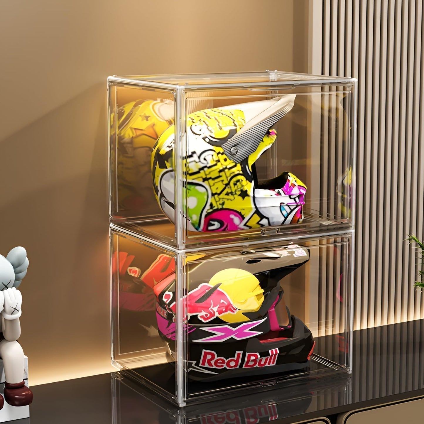 GUDEMAY XL Clear Stackable Plastic Storage Bins with Magnetic Lid - Dustproof Acrylic Display Case for Book, Purses, Large Figures Collectibles, Helmet Showcase, Shoes & Boot Box