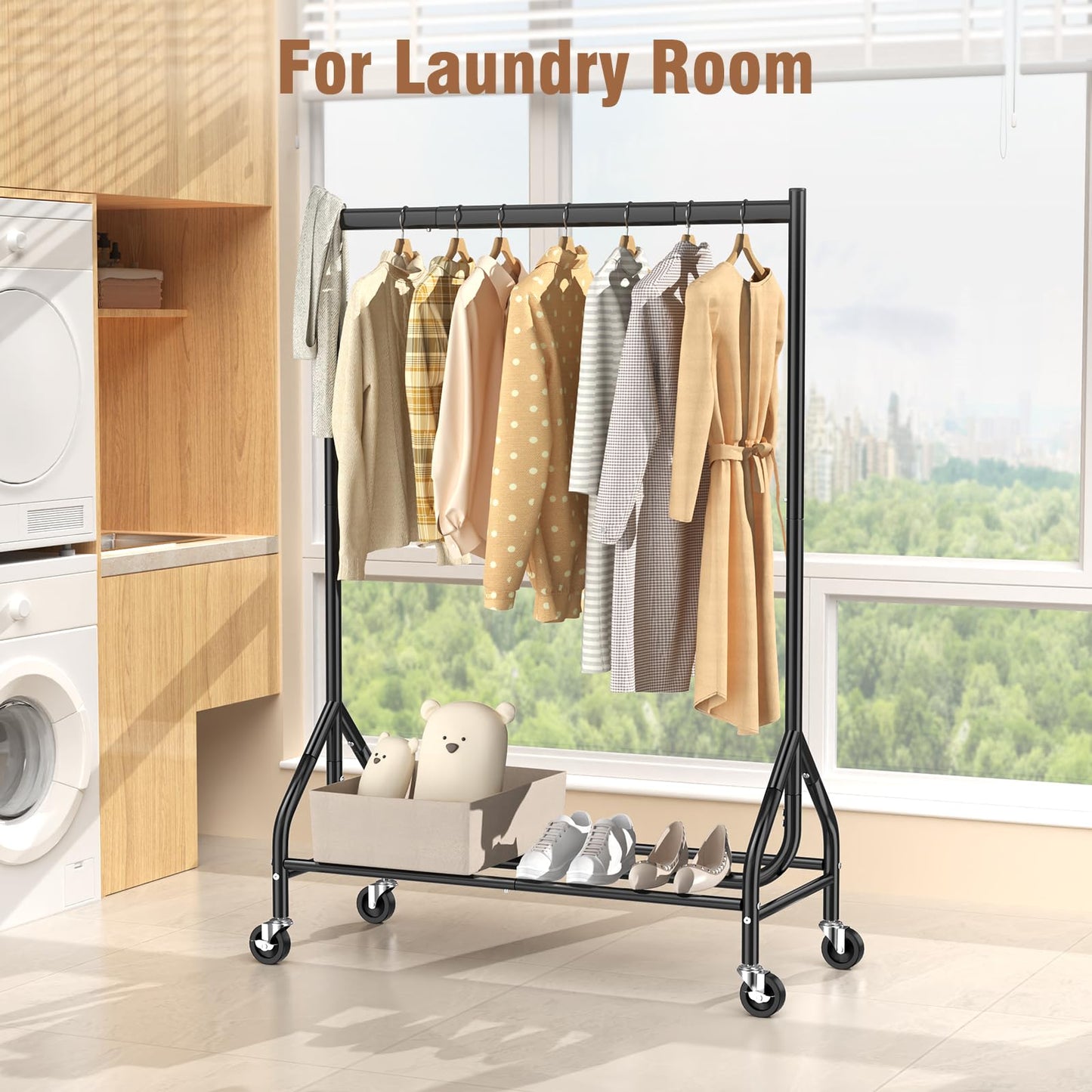 EAGMAK Heavy Duty Clothes Rack Load 420 LBS, Rolling Garment Rack with Lockable Wheels, Standing Metal Clothing Hanger, Portable Wardrobe Sturdy Coat Organizer for Hanging Clothes (Black)