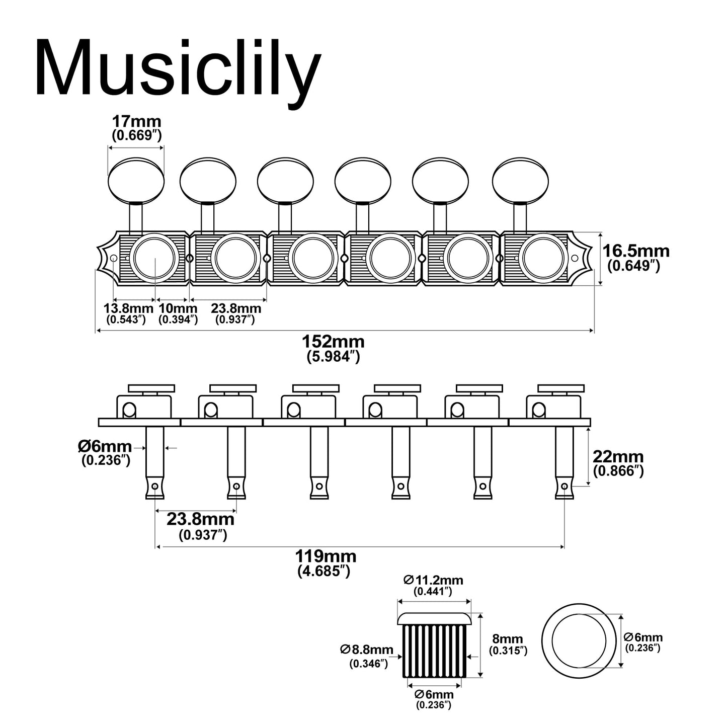 Musiclily Pro R15T 6-in-line 14:1 Ratio Semi Closed Vintage Hybrid Style Locking Machine Heads Tuners with Vintage Oval Button for Fender Squier Strat Tele Style Electric Guitar, Nickel