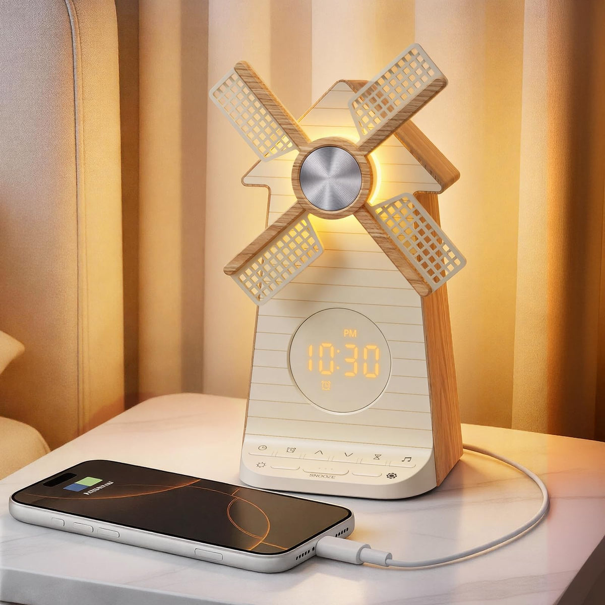 RETEYUNG Alarm Clock with Rotating Windmill,Sound Machine with Wake up Light,Snooze,10 Nature Sounds & 10 White Noises,15 Ringtones,USB Charging,4-Tier Dimmer,12 Volume,30/60/90 Timer for Kids Adults