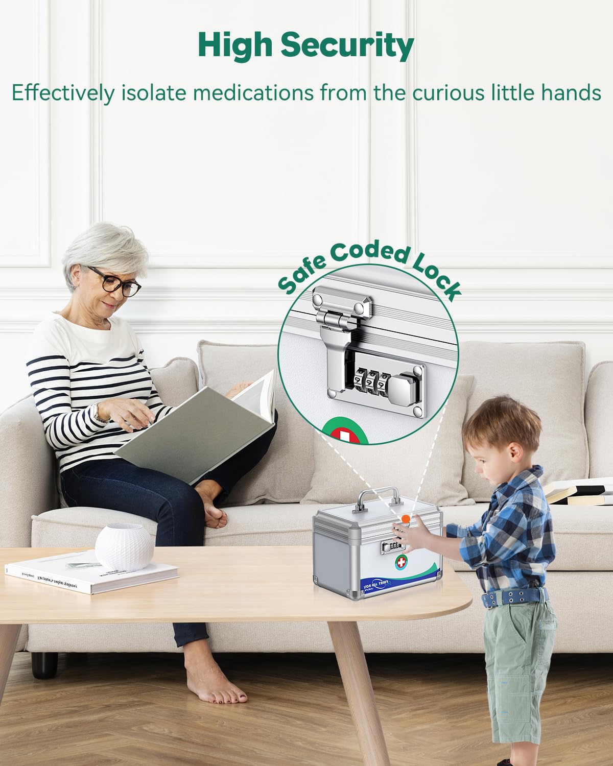 Uniclife Medicine Box Emergency Box with Combination Lock and Handle Metal Lockable Medicine Storage Box, 10" x 6" x 6.5"