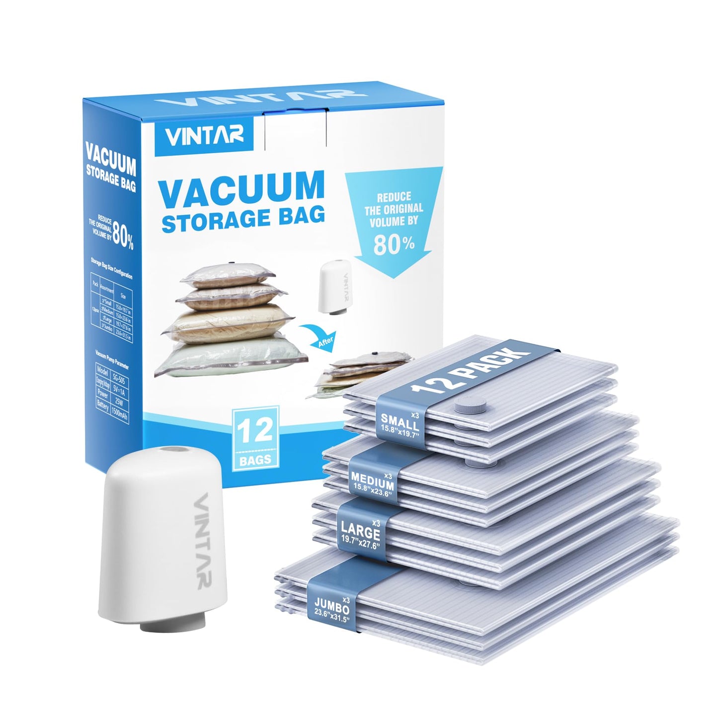 Vacuum Bags for Travel with Rechargeable Cordless Pump, VINTAR 12 Combo (3J+3L+3M+3S) Vacuum Sealer Bags for Clothes Storage Travel, Space Saver Compression Packing for Suitcase and Luggage