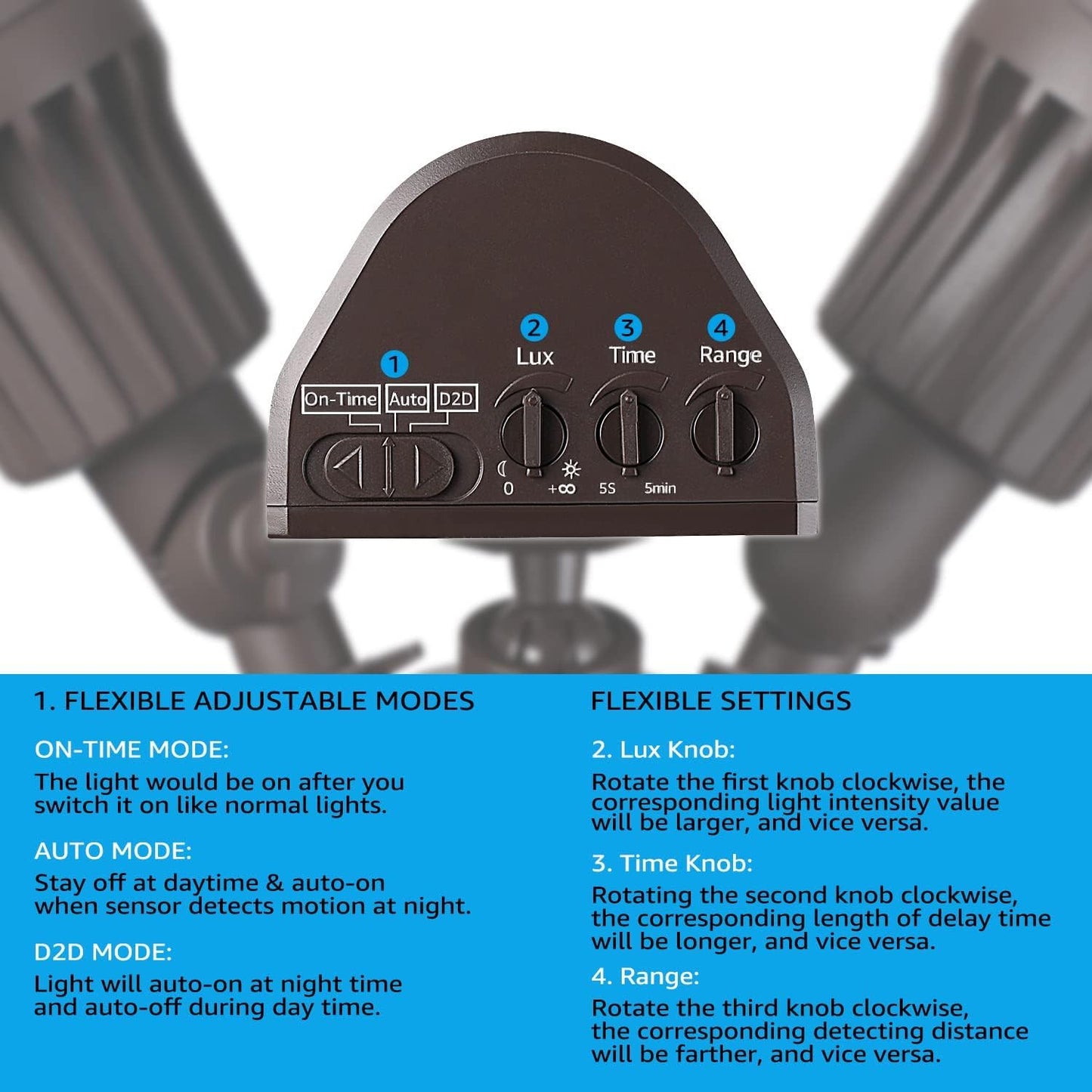 Arclite 20W Dual-Head LED Outdoor Security Light, Motion Sensor, 3 Work Modes, 120W Halogen Equivalent, 5000K Daylight, 1800 Lumens Floodlight, for Entryways, Patios, Decks, Stairs (Brown)