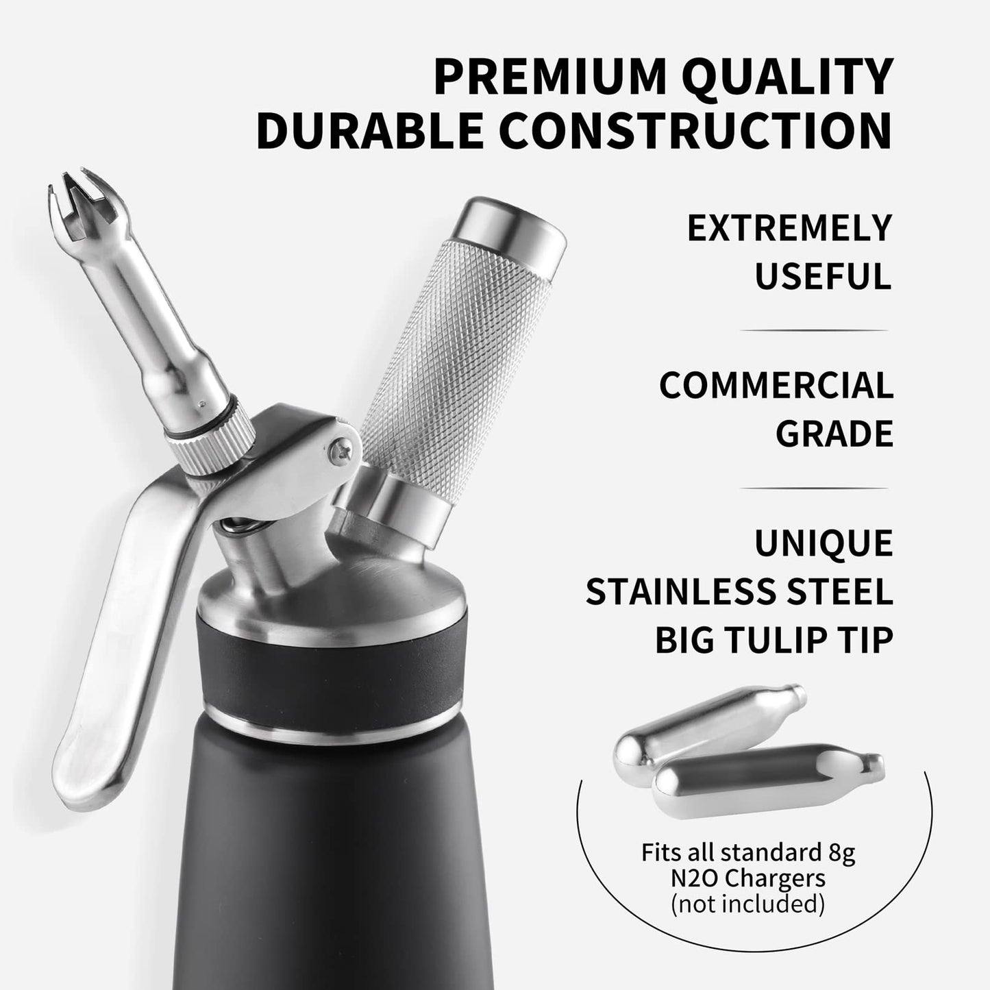 Sivaphe Stainless-Steel Professional Whipped Cream Dispenser, 1-Pint Whip Cream Maker Canister, Leak-Free Cream Whipper Black(8-Gram Charger Not Included)