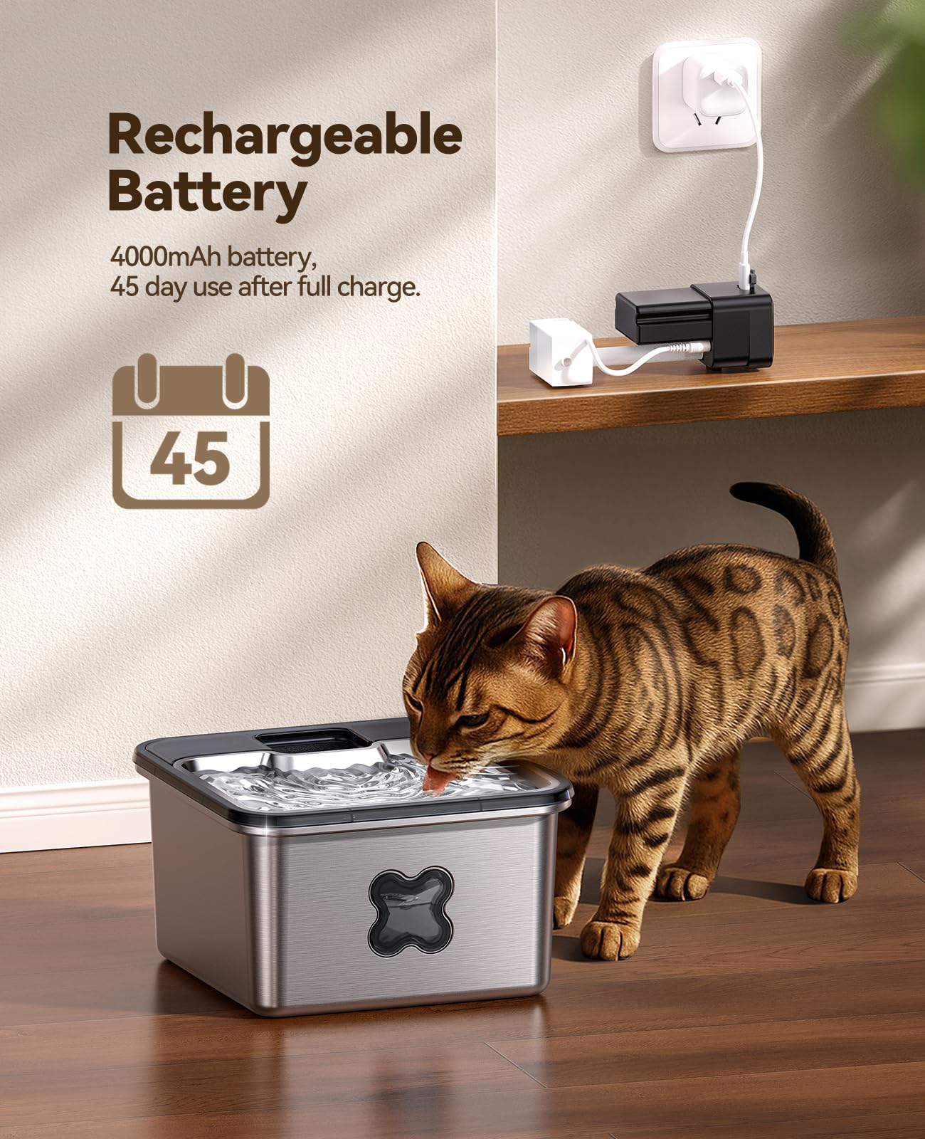 Cat Water Fountain Battery Operated, FEELNEEDY Wireless Rechargeable Pet Water Fountain Indoor with Motion Sensor, Cordless Stainless Steel Water Fountain Indoor Cat,Fontaine Pour Chat,3.2L,FN-W17