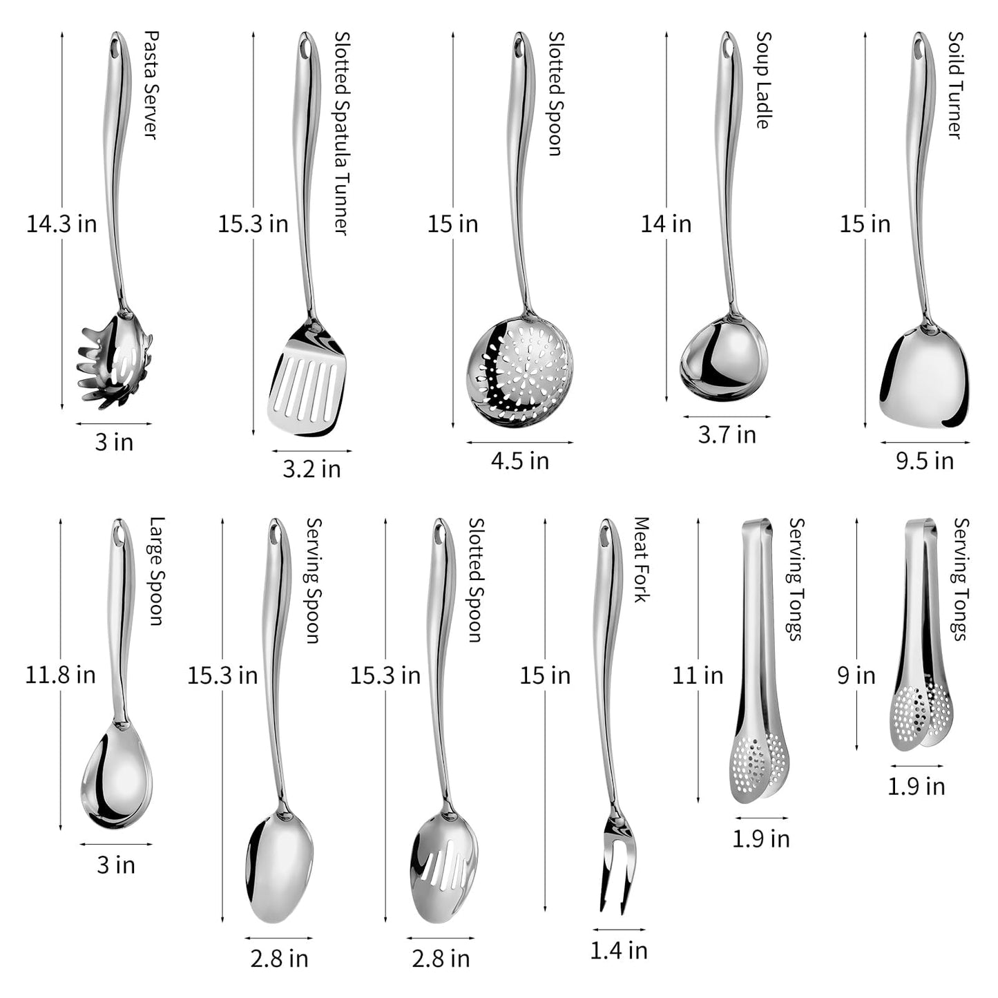 304 Stainless Steel Kitchen Utensils Set, 11 Pcs Long Metal Cooking Utensil Gadgets Tools Set with Spatula, Spoon, Ladle, Skimmer, Turner, Pasta Server, Tongs(Mirror Polished, Dishwasher Safe)