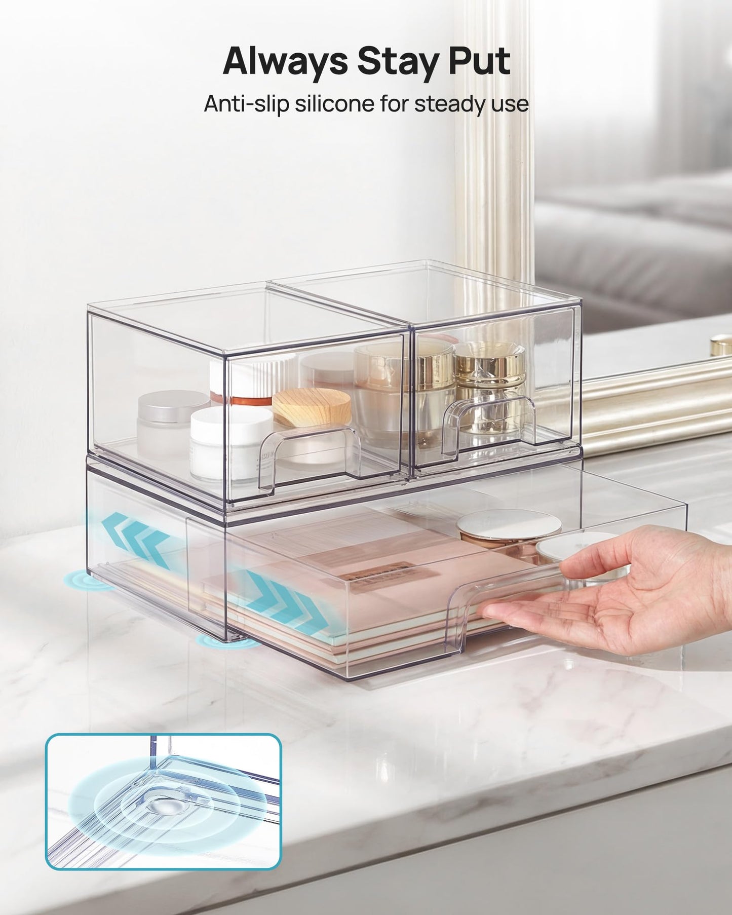 Vtopmart 3 Pack Stackable Clear Plastic Drawer Organizer, Makeup Organizers and Storage for Eyeshadow Palettes, Cosmetics, Beauty Supplies, Ideal for Vanity, Desk, Office, Bathroom Organization