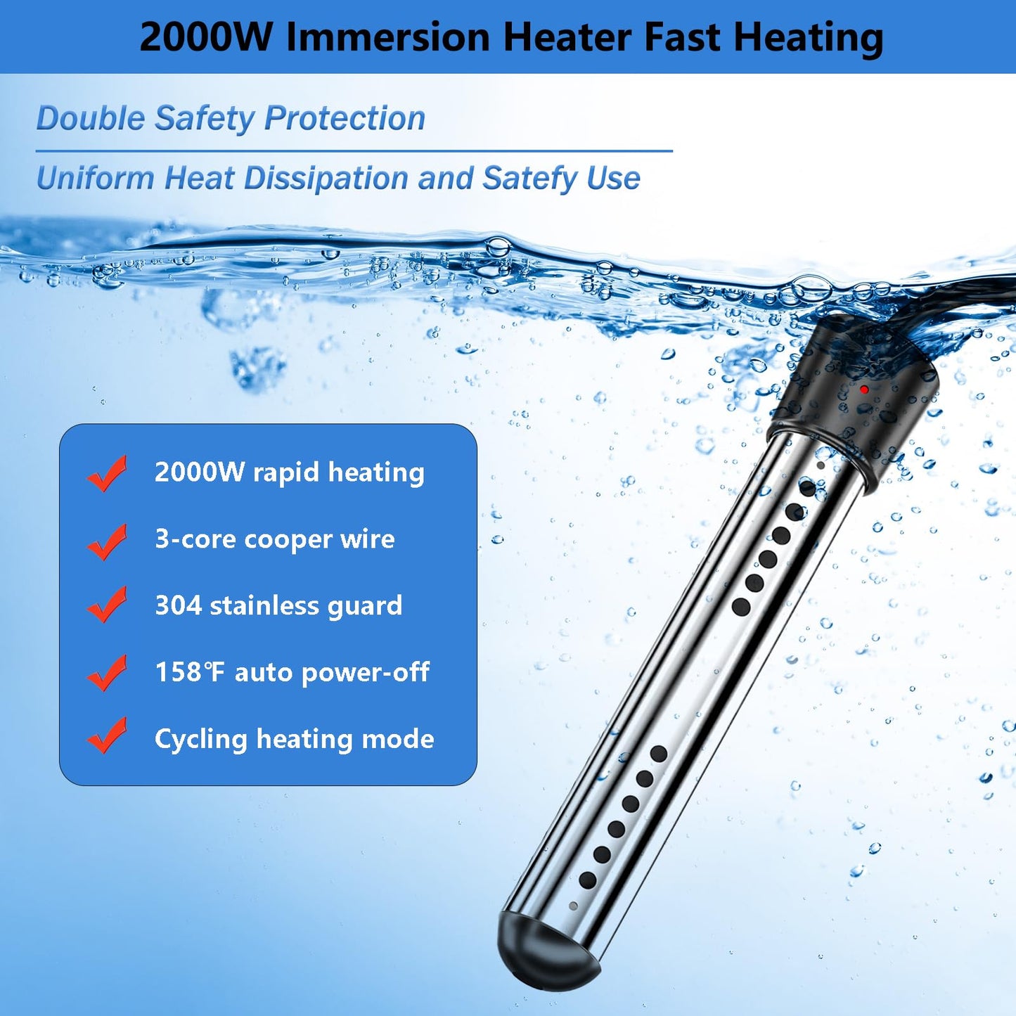 2000W Immersion Water Heater, Portable Electric Heaters with Digital LCD Thermometer, Submersible Heater for Kiddie Inflatable Above Ground Swimming Pool, Bucket Heaters with 304 Stainless Steel