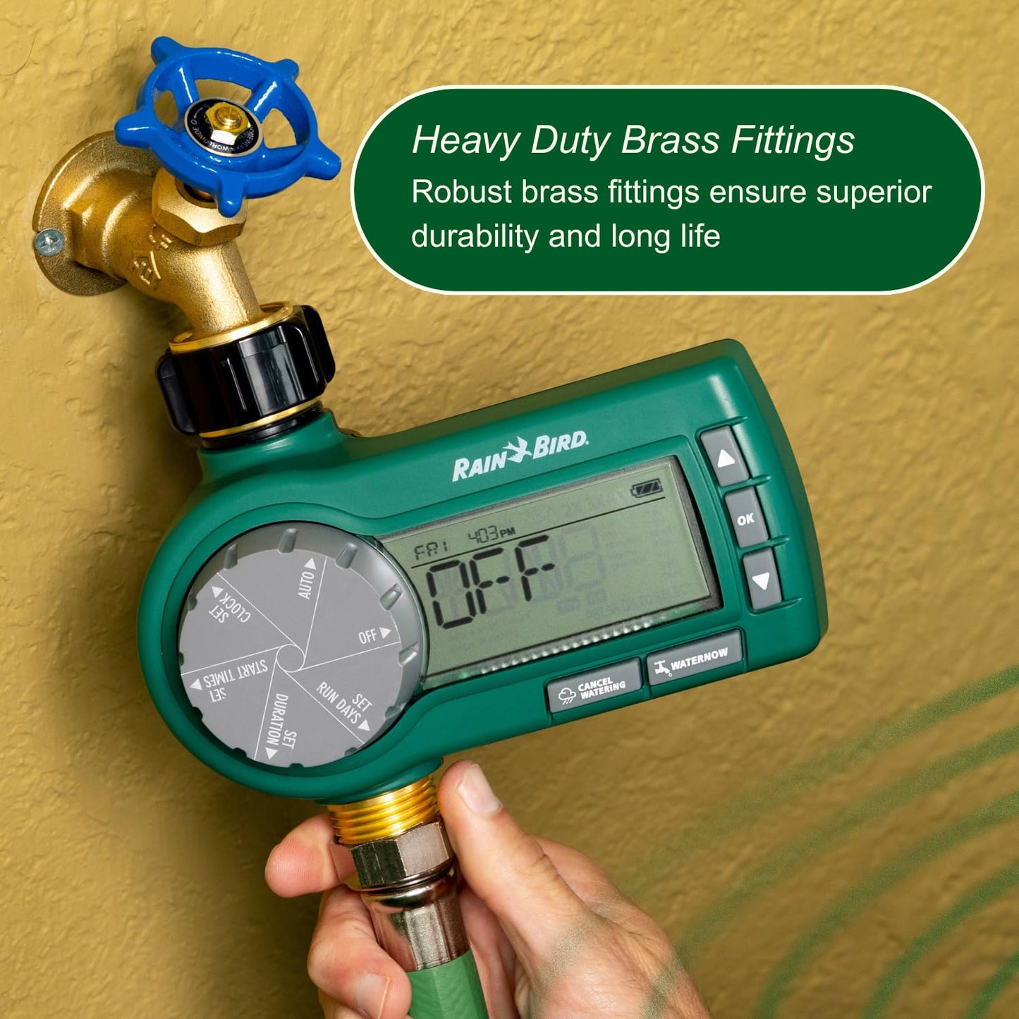 Rain Bird 1ZEHTMRP Premium Pro-Grade Electronic Digital Hose End Timer/Controller, One Zone/Station, Battery Operated, Brass Inlet/Outlet, Green
