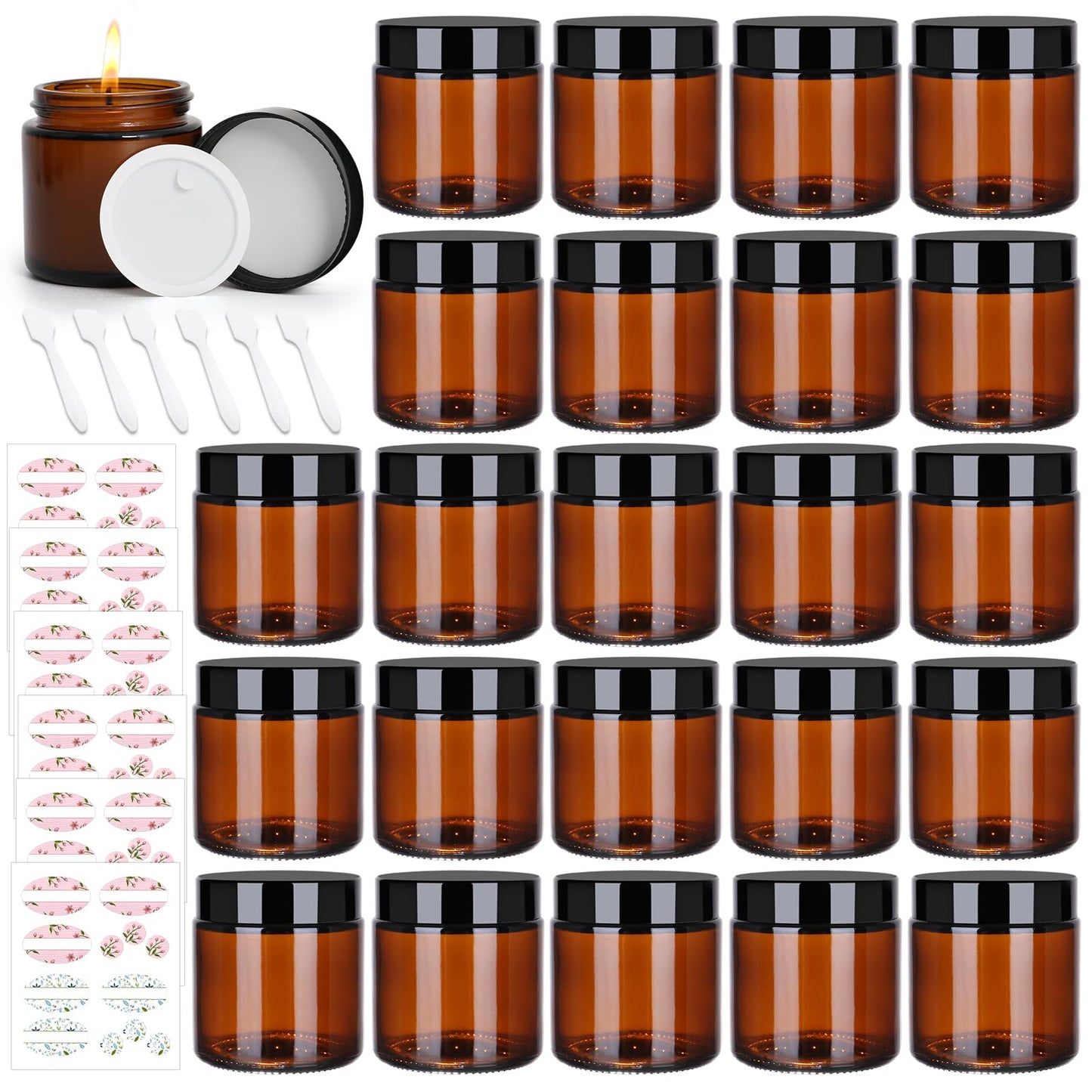 Alotpower 4 oz Amber Glass Jars 24-Pack With Spatulas & Floral Labels, Round Empty Jars With Lids for Scrubs, Lotions, Cosmetics, Candles (Set of 24)