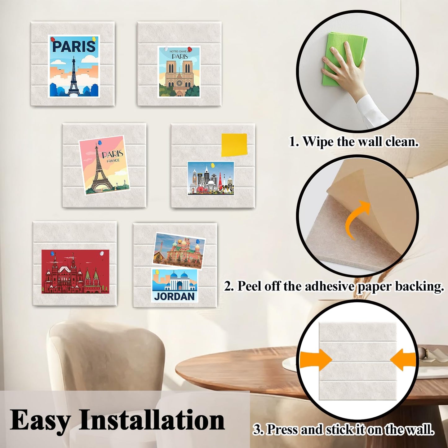 Large Cork Board for Walls, 12 Packs Beige Felt Wall Tiles with 35 Pushpins, 48" X 36" Large Bulletin Board, Removable Cork Board Alternative for Home School (Beige, Square Striped-12pcs)